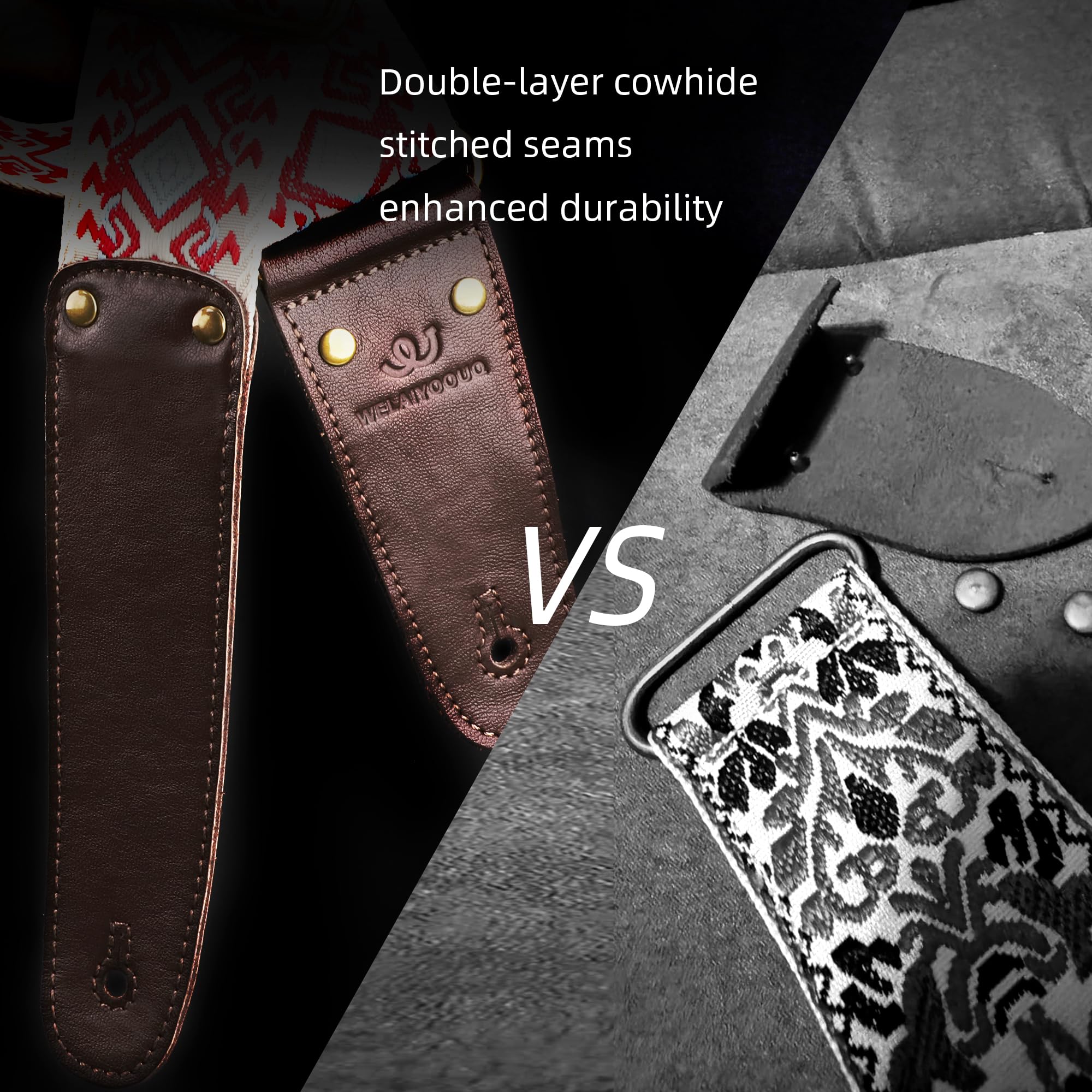 Guitar Strap, Jacquard Embroidered Cotton Guitar Straps with Double Sided Vegetable Tanned Cowhide Leather Ends for Bass, Electro Acoustic, Great Gift for Kids and Guitarists Brown Jacquard Lotus pattern jacquard in brown Adjustable 38-63 inches - Image 3