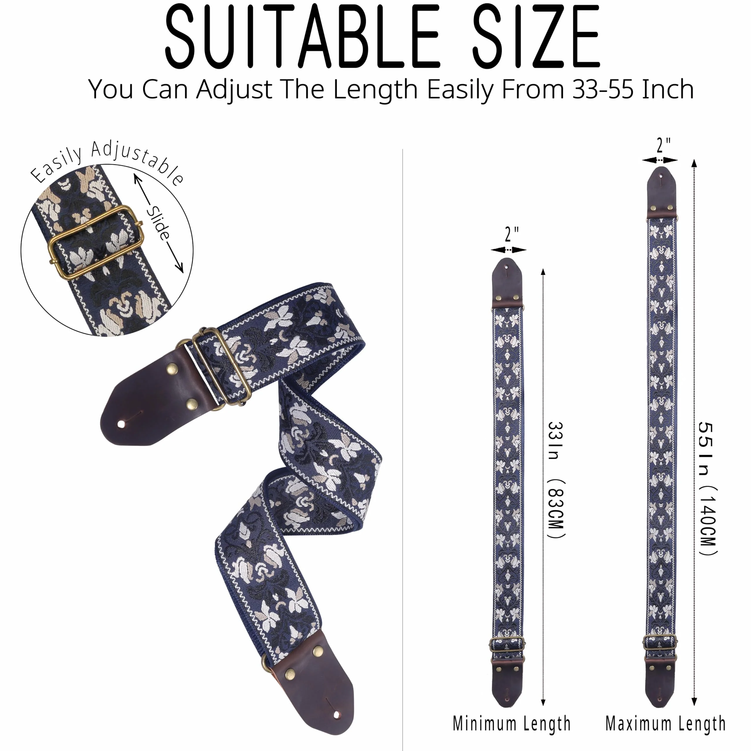 Guitar Strap,Jacquard Embroidery Cotton Guitar Straps with Crazy Horse Leather Ends for Bass, Electric & Acoustic Blue - Image 2