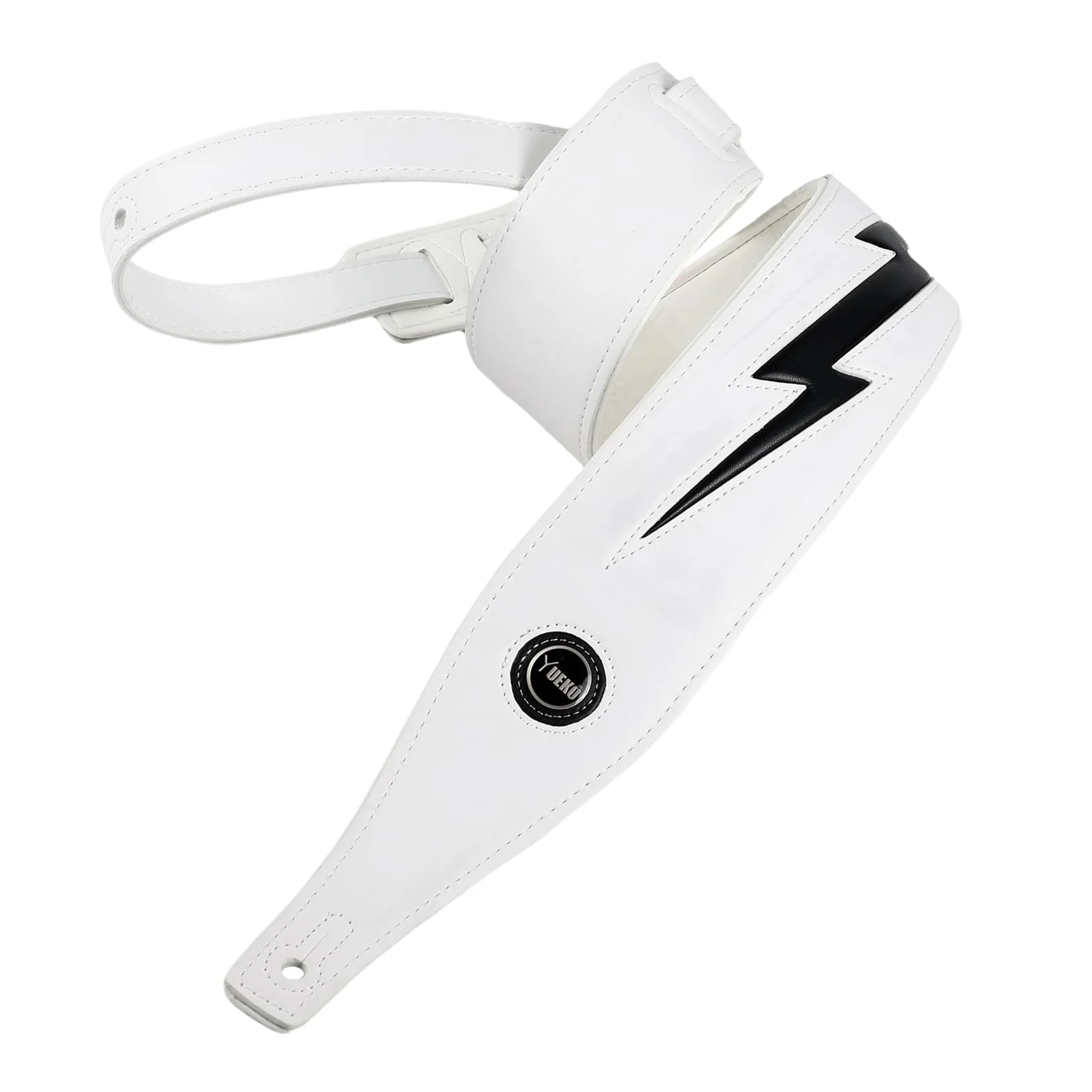 Guitar Strap PU Leather, Anti-Slip, Classic, Adjustable Soft Leather Strap for Acoustic, Electric and Bass Guitars (White - Black lightning)