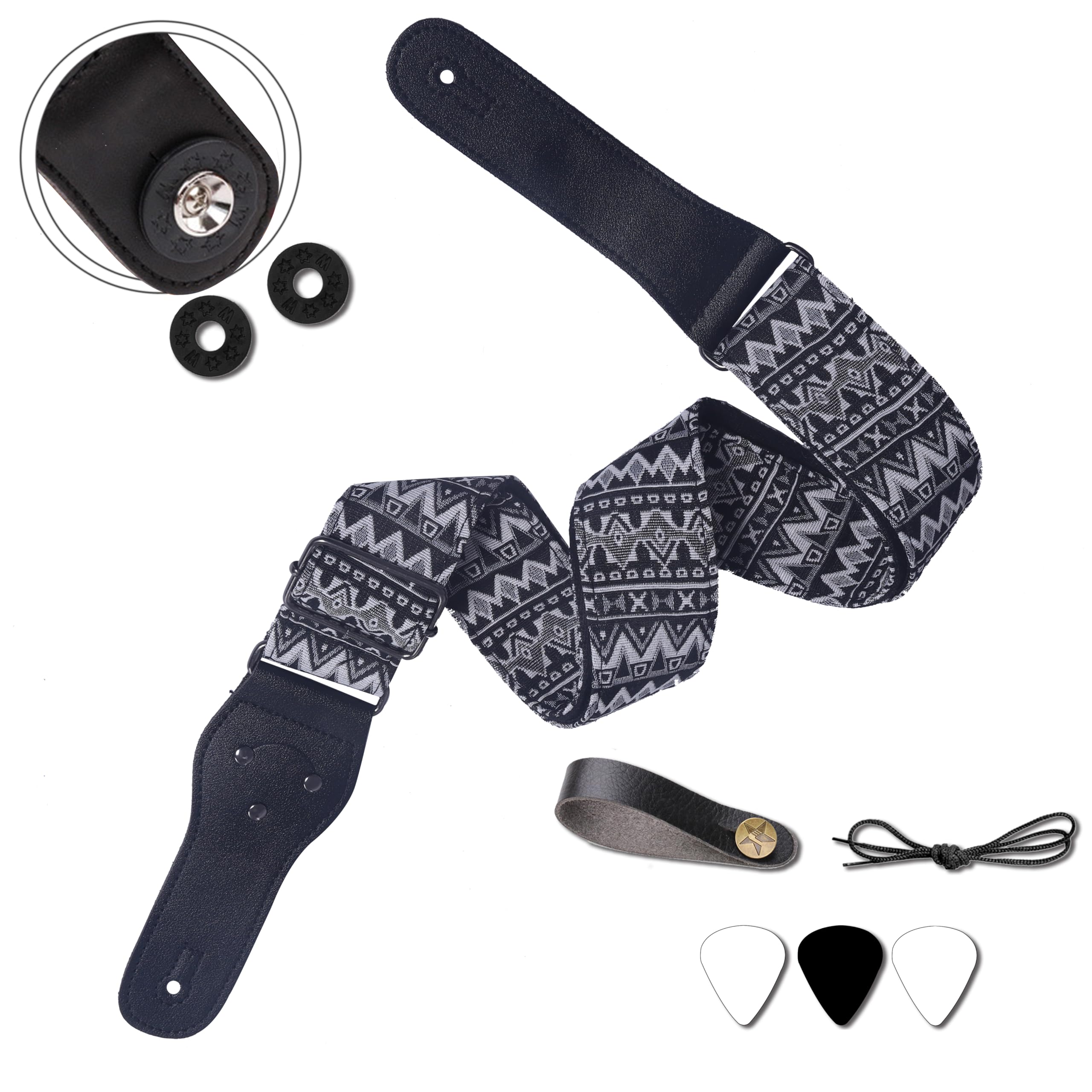 Guitar Strap,Vintage Woven Cotton Guitar Straps With Genuine Leather Ends for Bass,Electric & Acoustic Guitars Includes Strap Button,Strap Locks And Guitar Picks