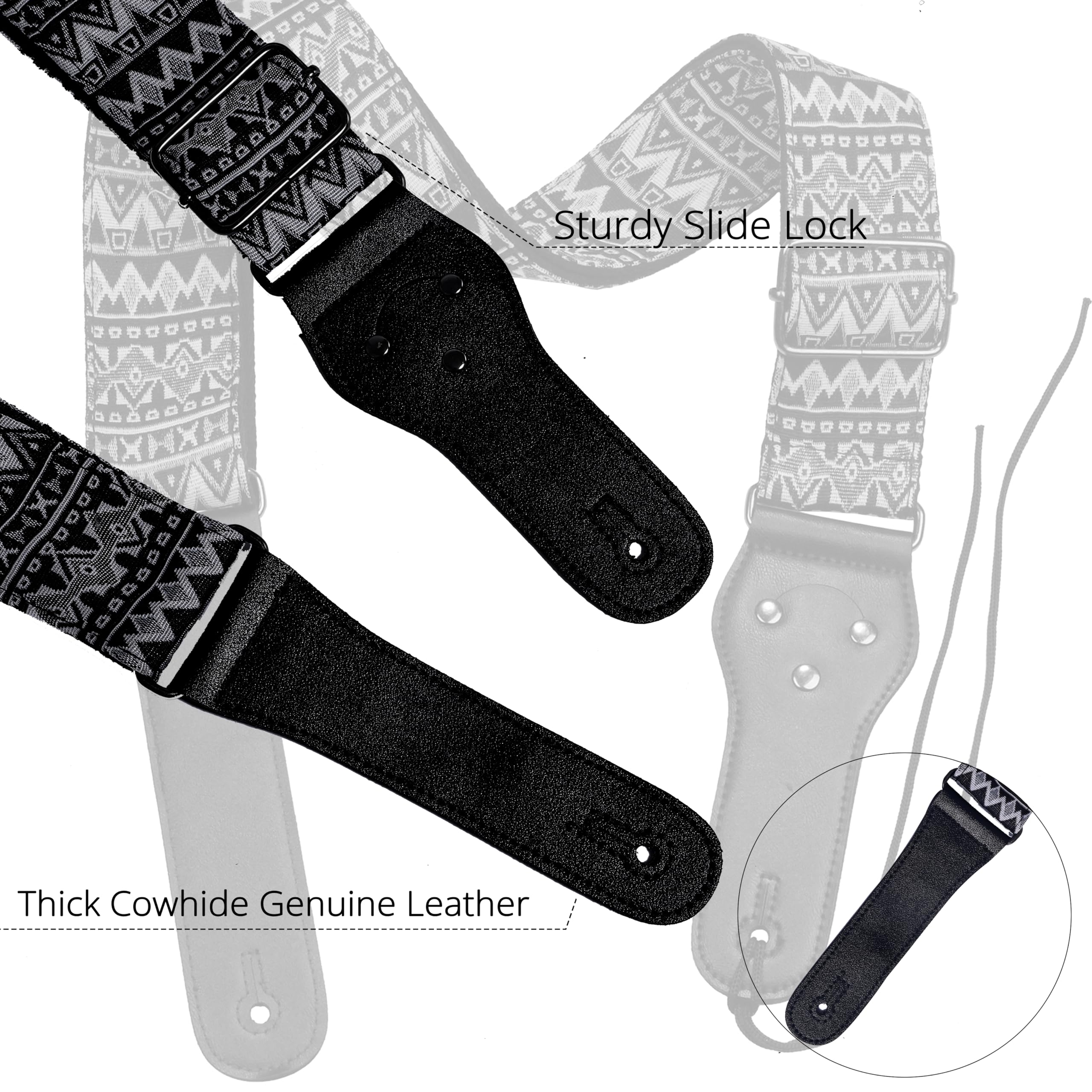 Guitar Strap,Vintage Woven Cotton Guitar Straps With Genuine Leather Ends for Bass,Electric & Acoustic Guitars Includes Strap Button,Strap Locks And Guitar Picks - Image 3