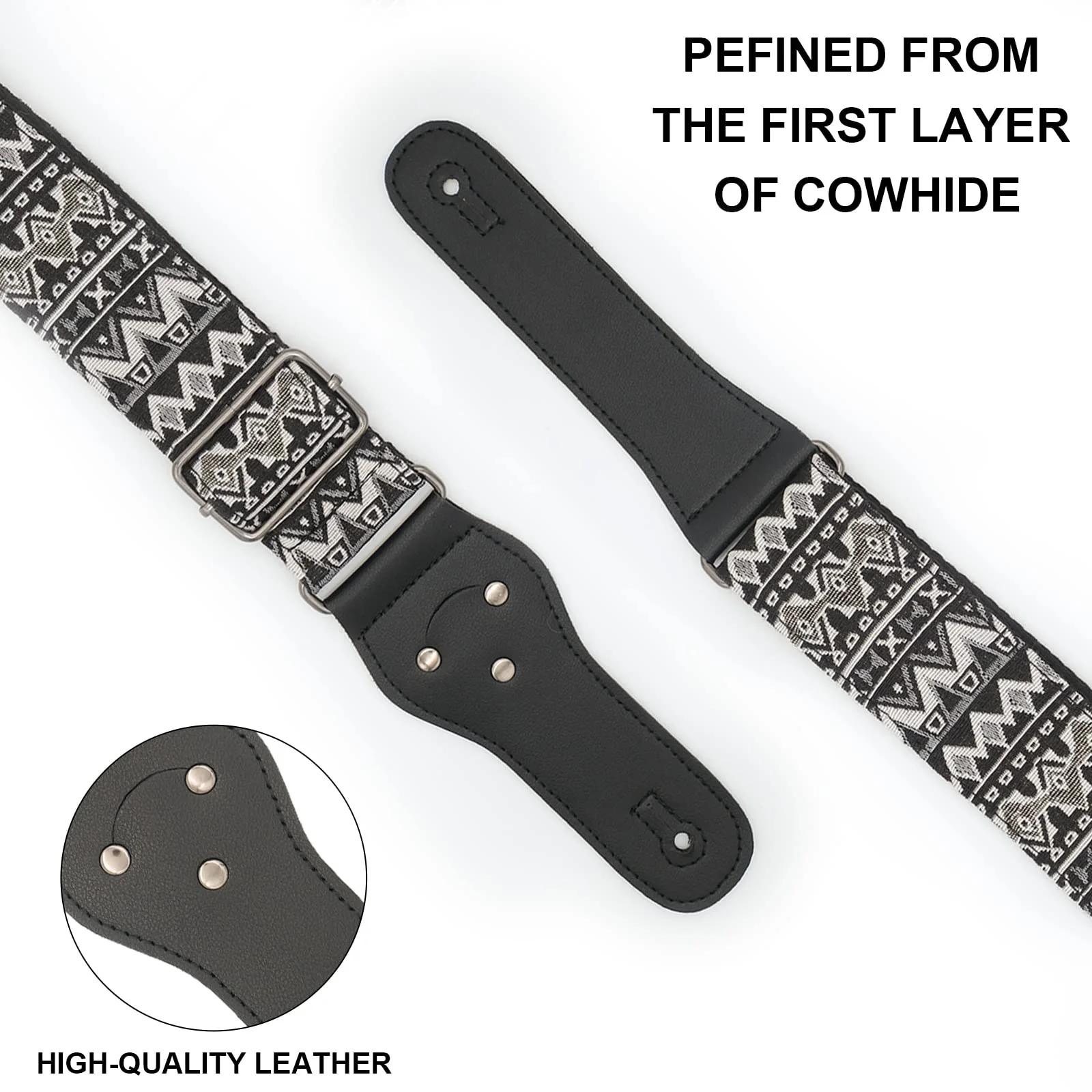 Guitar Strap-Vintage Woven, For Bass, Electric & Acoustic Guitar. FREE 2 Strap Locks + Headstock buttoned tie Black and White Bohemian - Image 2