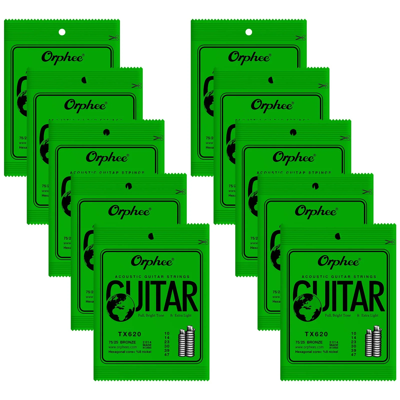 Guitar Strings, Acoustic Guitar Strings, 6 Strings Set, Hexagonal Carbon Core 75/25 Bronze, Light, 10-47, 10 Packs TX620