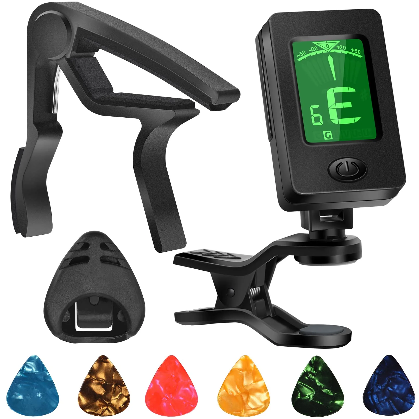 Guitar Tuner, Guitar Accessories with Guitar Picks, Guitar Capo, Capo for Acoustic Guitar, Bass, Buzzing-Free, Quick Release, Guitar Tuner Clip on for Guitar, Violin, Bass, Ukulele Chromatic Black