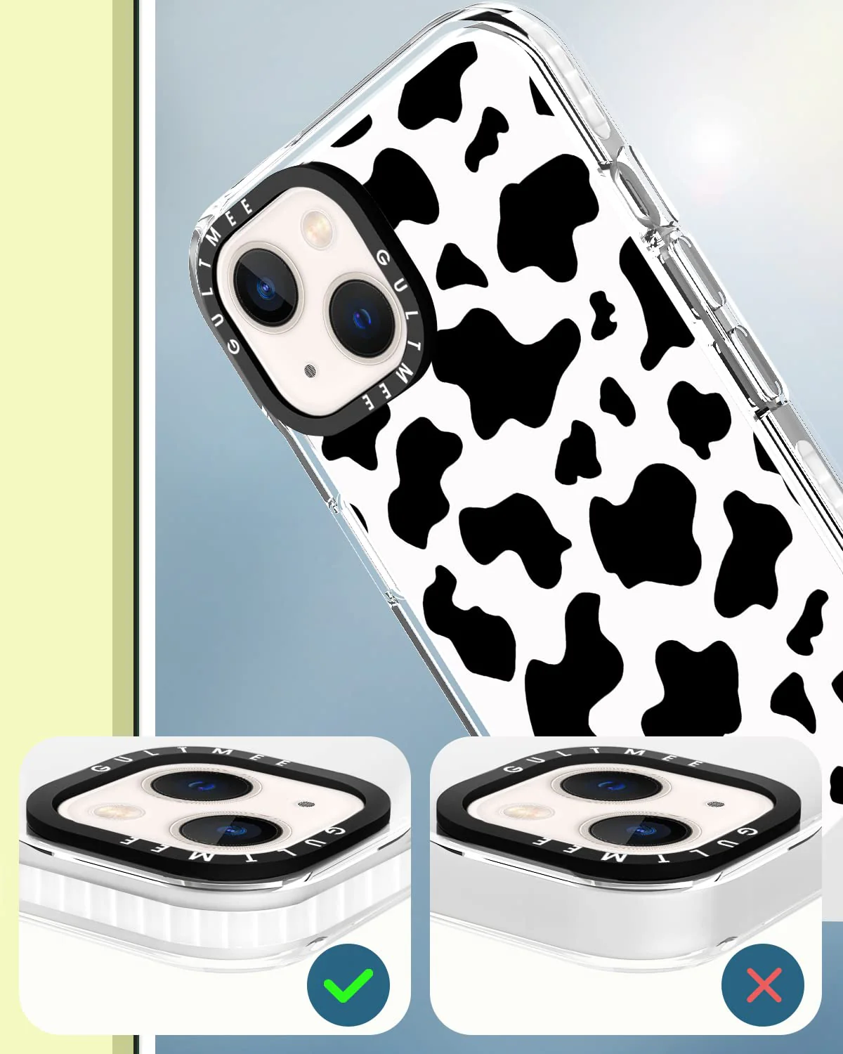GULTMEE [3 in 1 Designed for iPhone 13 Case Cow Print with Built-in Bumper Shockproof Protective Phone Case Cover for iPhone 13 Cases 6.1" Tempered Glass Screen Protector + Camera Lens Protector iPhone 13 6.1 inch Cute Cow Print - Image 3
