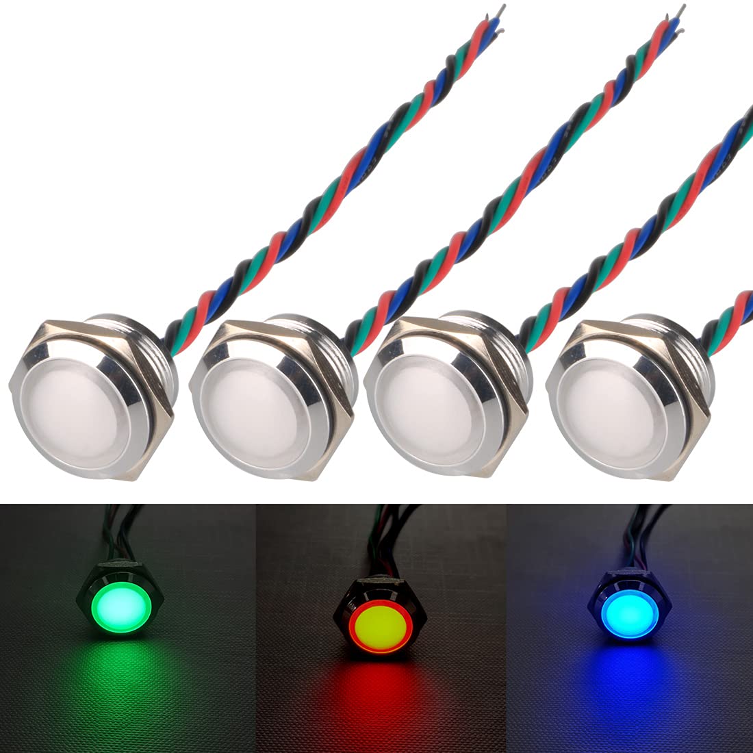 GUUZI 4pcs 12V-24V RGB Triple (Red Green Blue) Metal LED Indicator Light 19 mm Waterproof Signal Lamp with Cable Red/Green/Blue-19 Mm