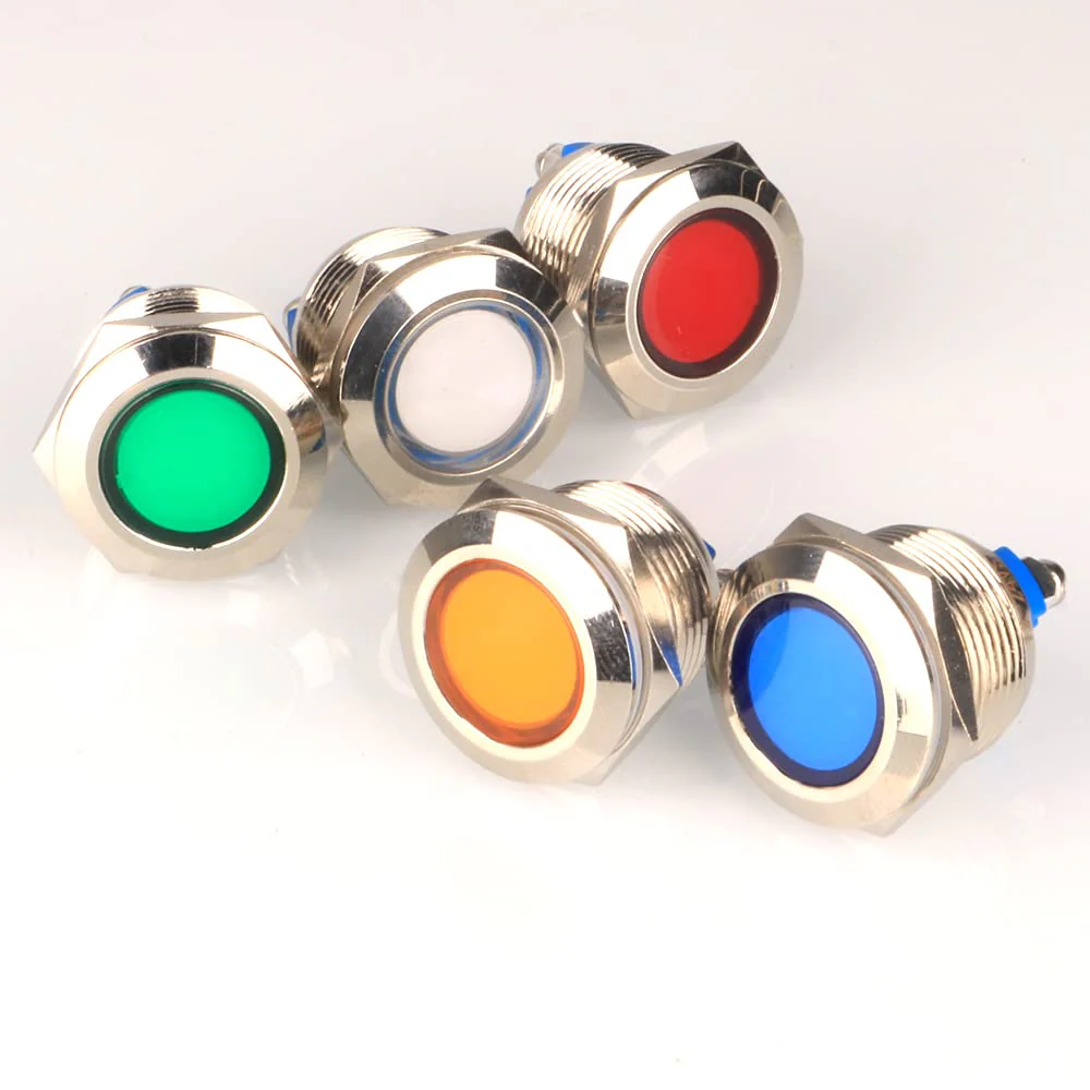 GUUZI 5pcs 12V-24V 19mm LED Metal Indicator Light Waterproof Signal Lamp Red Green with Wire Red/Yellow/Blue/Green/White-19 Mm