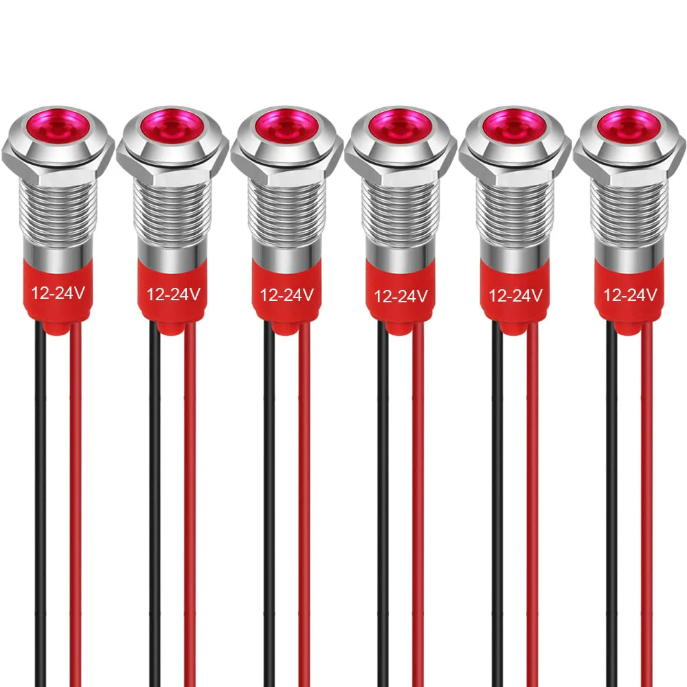 GUUZI 8mm LED Indicator Light 12-24V Waterproof Signal Light Metal Plate LED Indicator Signal Light Plate Mount Flat Head with Wires Silver Housing (Red, 6 Pieces) Red