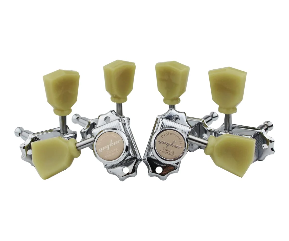 Guyker 3x3 Vintage Style Locking Guitar Machine Heads – 1:15 Ratio Lock String Deluxe Tuning Key Pegs Tuners Set Replacement for Electric, Acoustic or Folk Guitars - Chrome Chrome - Yellow Green Handle