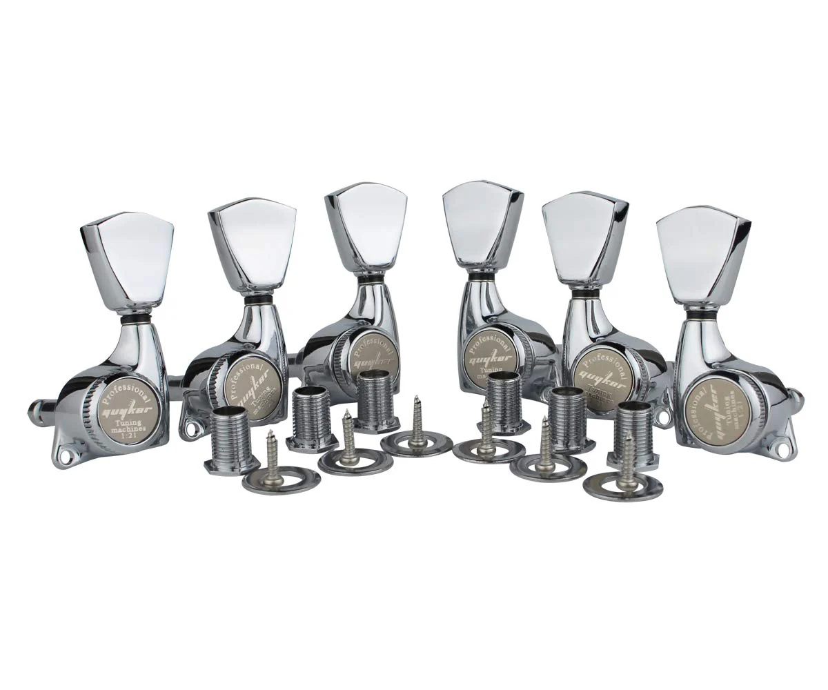 Guyker 6Pcs Guitar Locking Tuners (3L + 3R Handed) – 1:21 Lock String Sealed Tuning Key Pegs Machine Heads with Keystone Knob Replacement for LP, SG, TL Style Electric or Acoustic Guitars – Chrome Chrome - Ratio 1:21