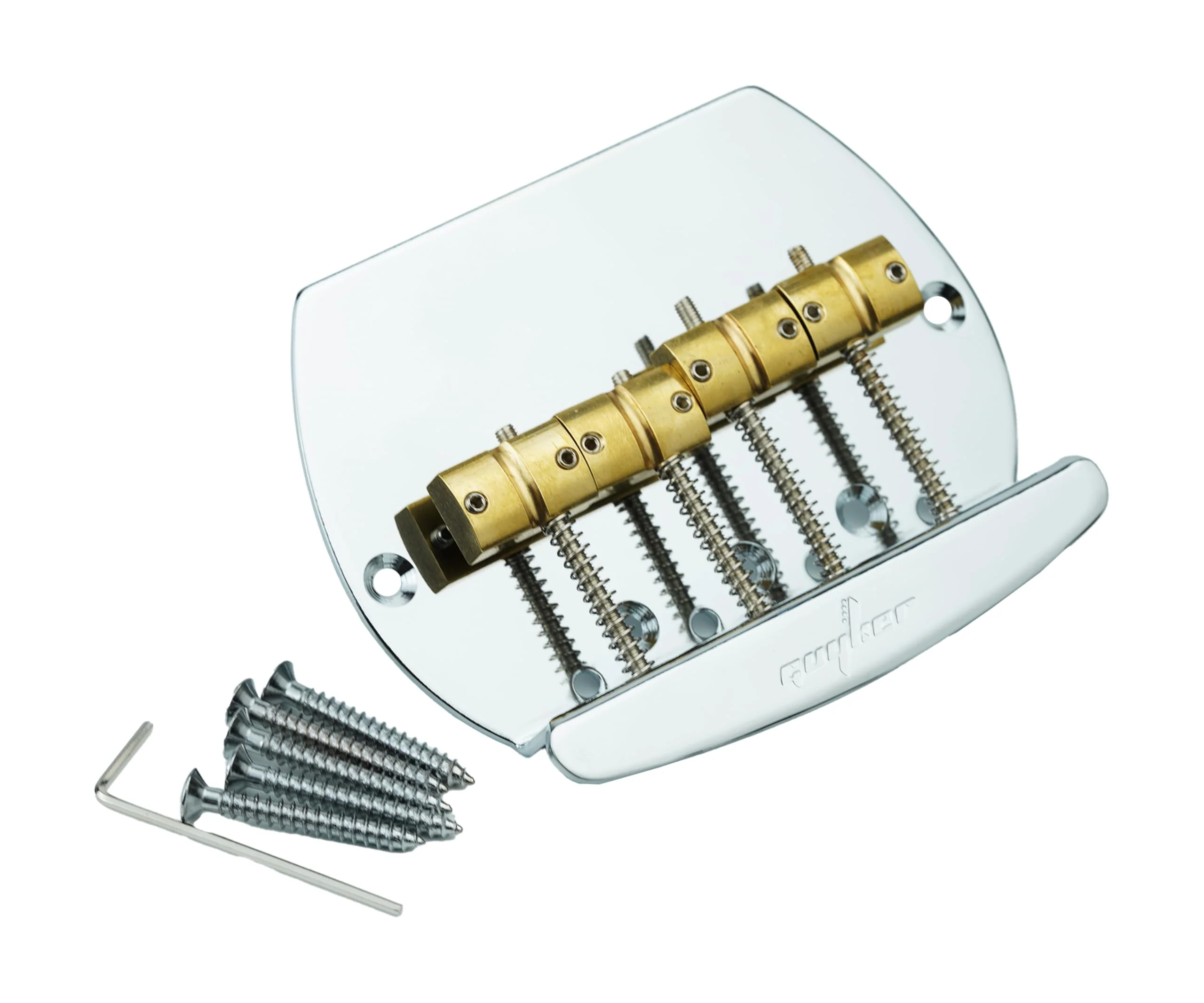 Guyker Bass Bridge String Spacing 19.3mm, 4 String Fixed Bass Bridge with Solid Brass Saddle & Iron Plate (GB1007, Chrome)