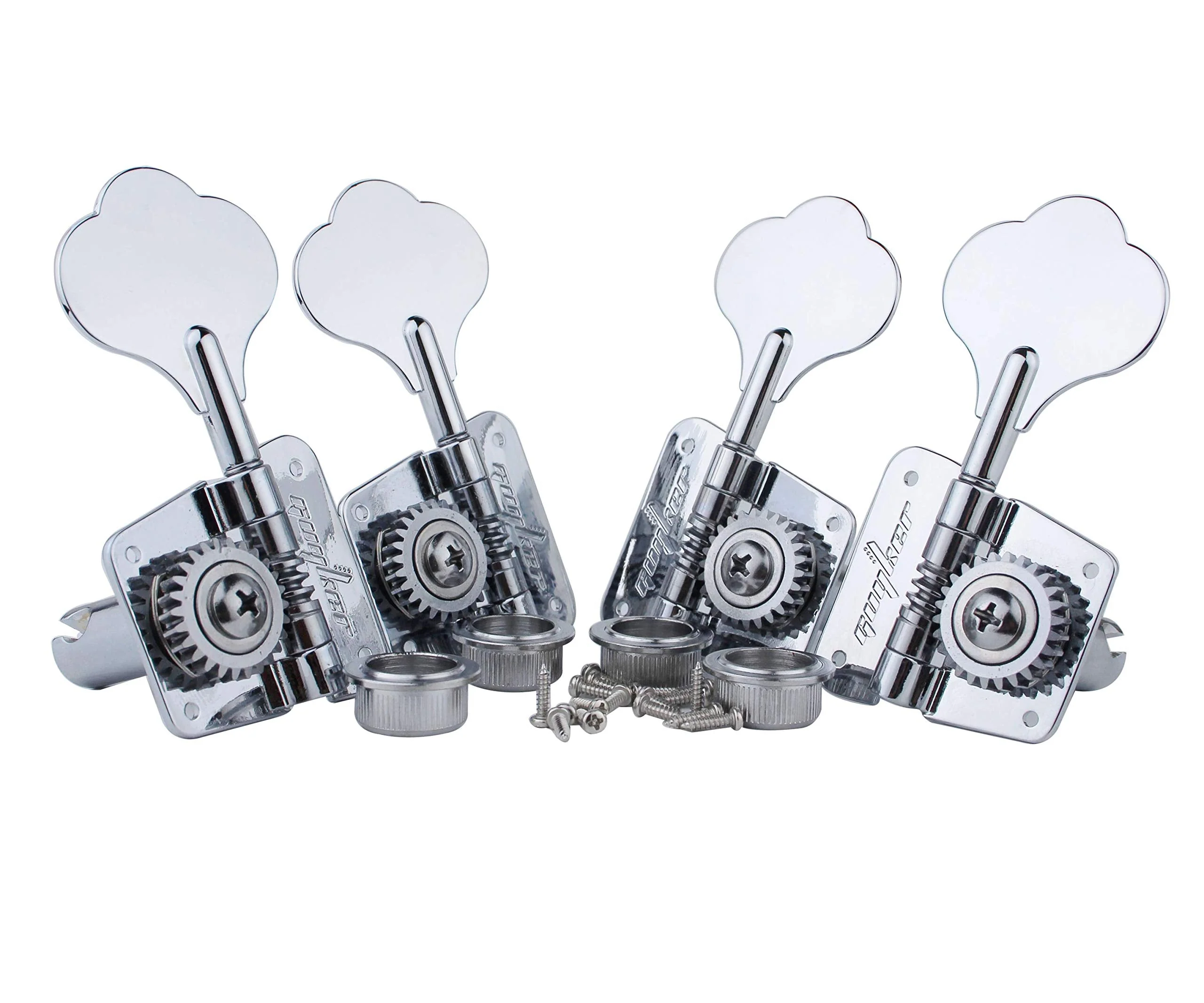Guyker Bass Tuners (2R + 2L) - 1:20 Ratio Open Gear Tuning Key Pegs Machine Head Replacement for Electric Jazz Guitar Bass or Precision Instruments - GK530 Chrome 2R + 2L