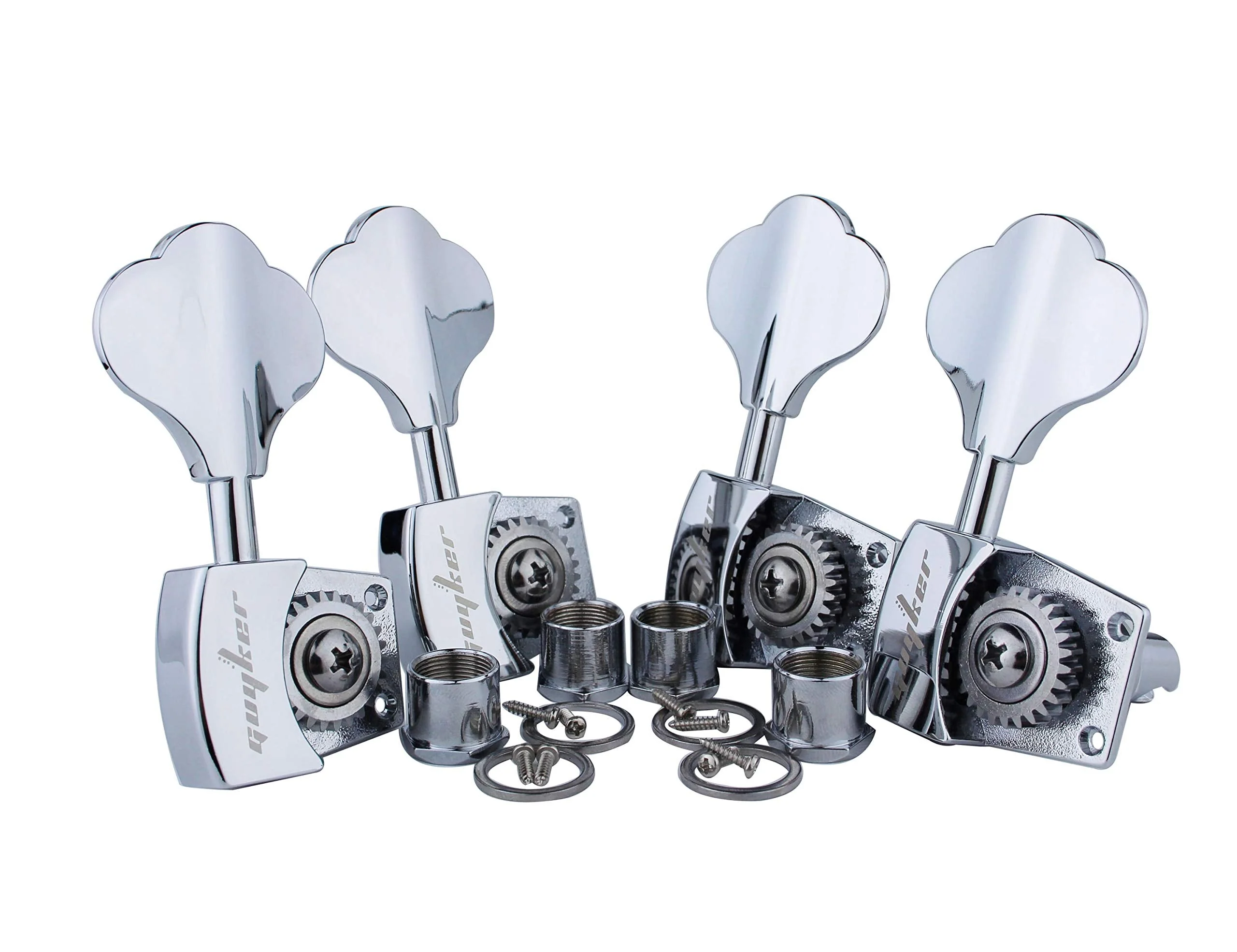 Guyker Bass Tuners (4 for Right) - 1:26 Ratio Open Gear Tuning Key Pegs Machine Head Replacement for Electric Jazz Guitar Bass or Precision Instruments - Chrome 4R + 0L