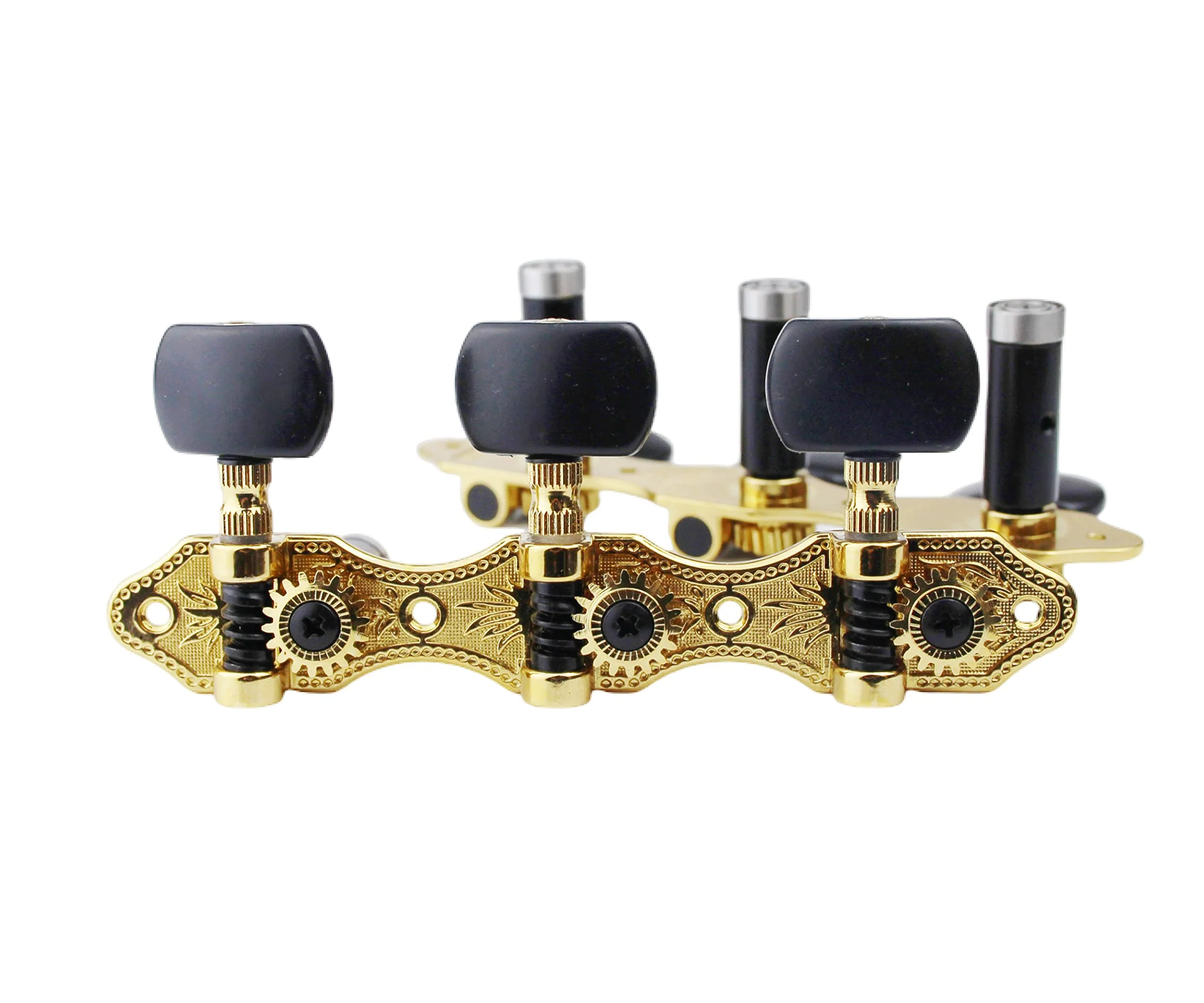Guyker Classical Guitar Tuners, 1:18 Ratio Open Frame Style Acoustic Guitar Tuning Keys Steel String Pegs Machine Heads 2 Planks (3+3) (Gold, Black Button) Gold, Black Button