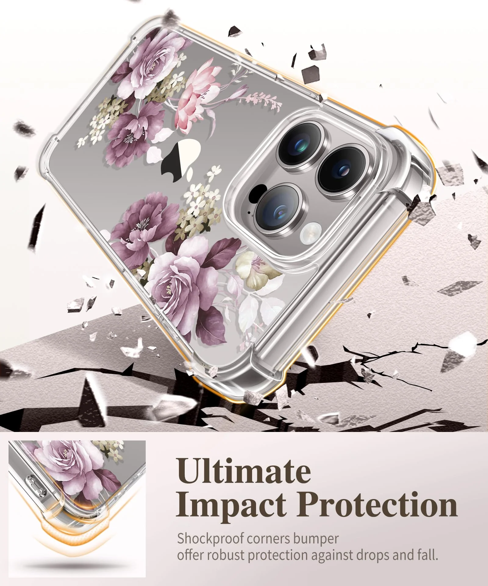 GVIEWIN for iPhone 15 Pro Case Floral, with Screen Protector+Camera Lens Protector, [Not Yellowing]Slim Shockproof Clear Phone Protective Cover for Women, Flower Pattern Design(Cherry Blossoms/Purple) A Cherry Blossoms/Purple - Image 4