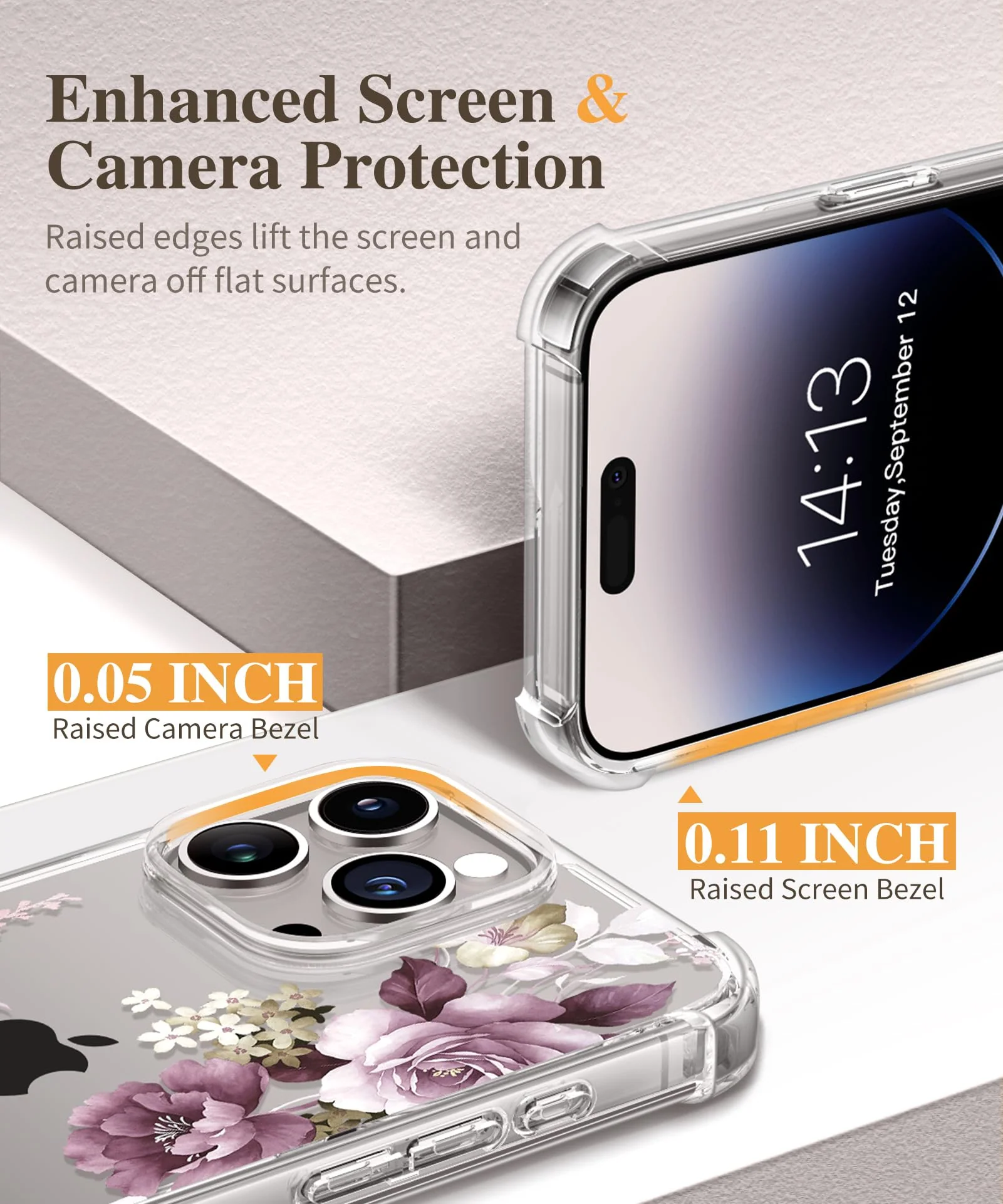 GVIEWIN for iPhone 15 Pro Case Floral, with Screen Protector+Camera Lens Protector, [Not Yellowing]Slim Shockproof Clear Phone Protective Cover for Women, Flower Pattern Design(Cherry Blossoms/Purple) A Cherry Blossoms/Purple - Image 5