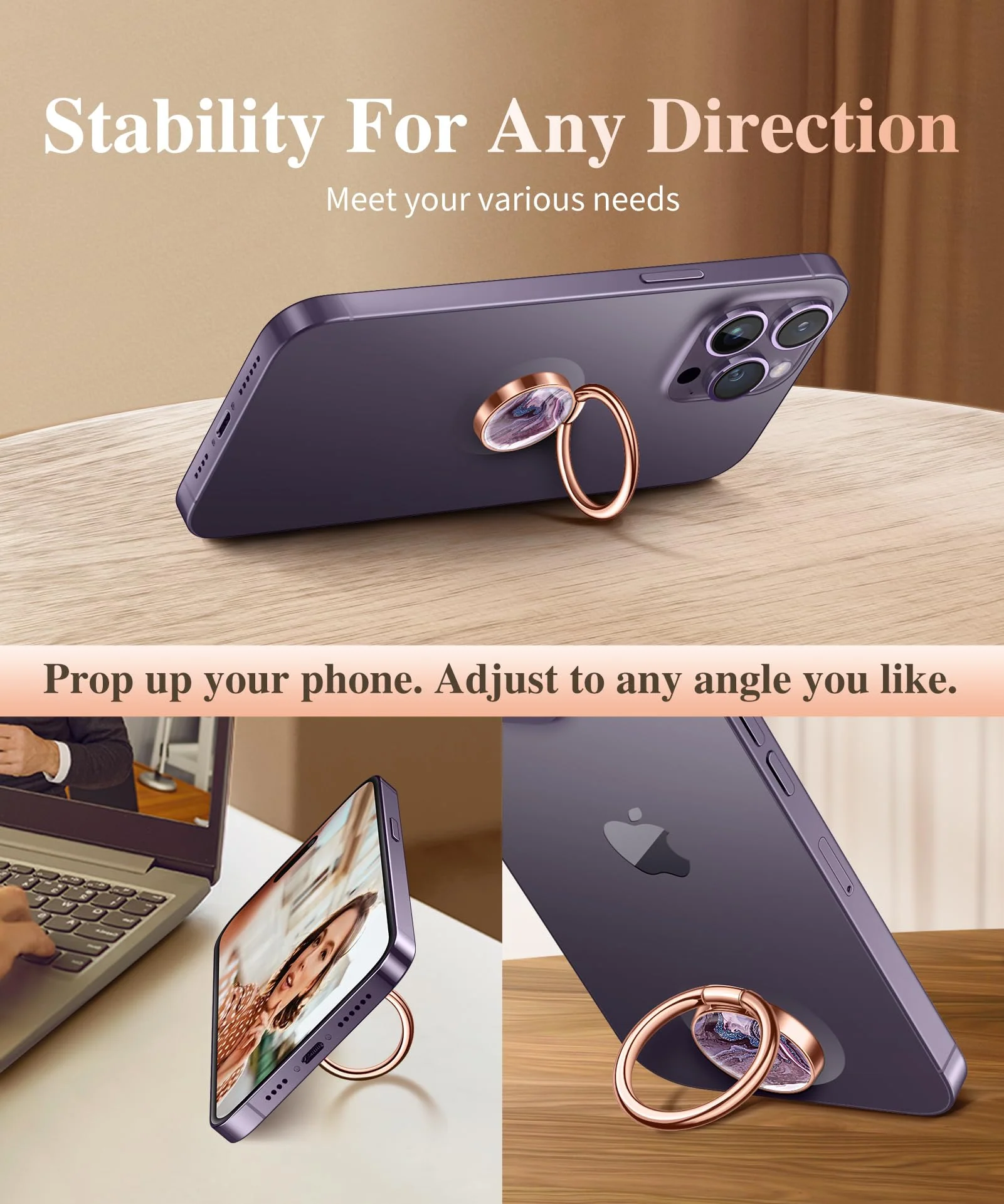 GVIEWIN Marble Cell Phone Ring Holder, Metal Kickstand Grip for Magnetic Car Mount Compatible with iPhone 15 Pro Max/15 Plus/14/13/12 Series & Galaxy S24/S23 Ultra and Other Phones(Quicksand/Purple) A-Quicksand/Purple - Image 5