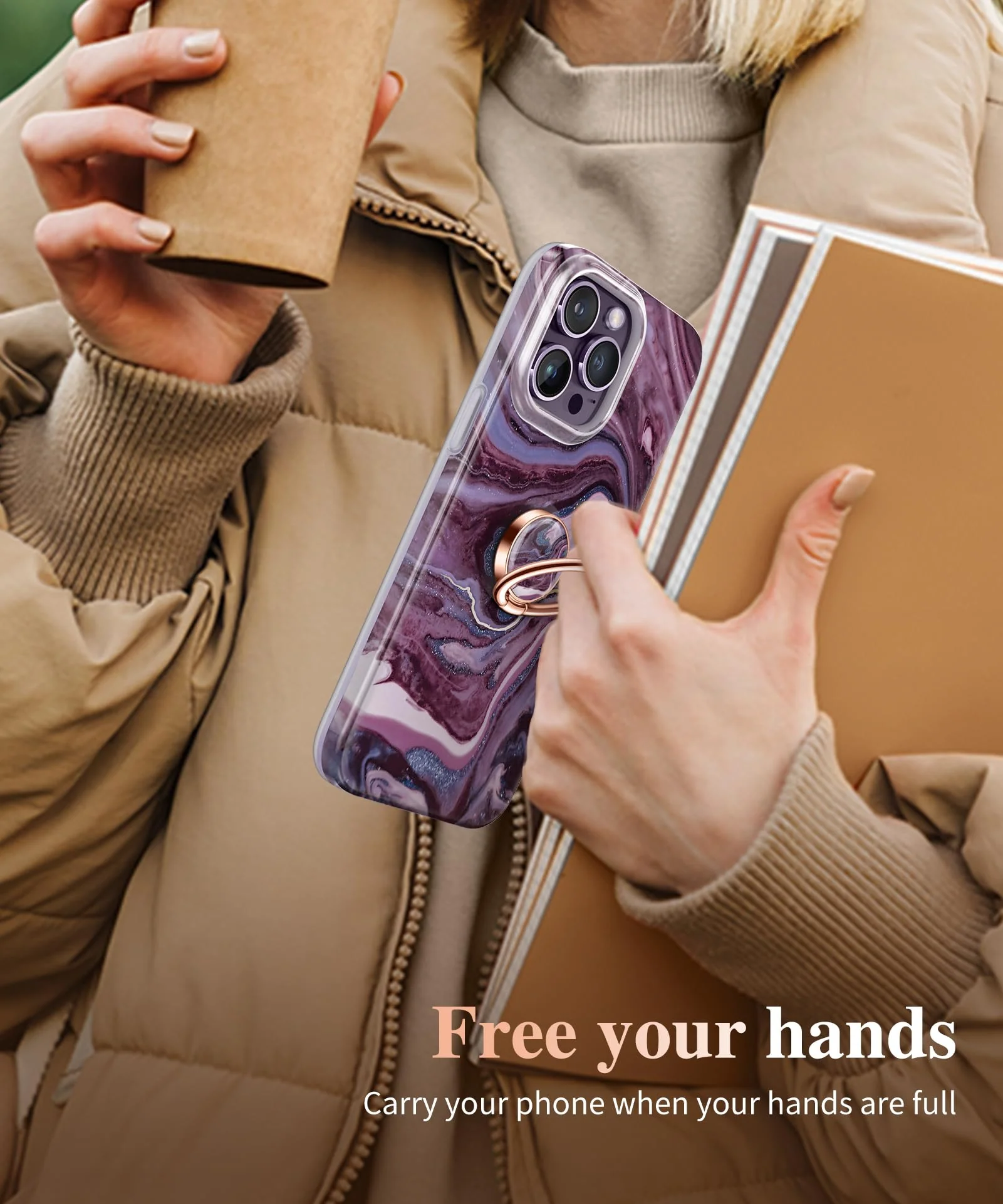 GVIEWIN Marble Cell Phone Ring Holder, Metal Kickstand Grip for Magnetic Car Mount Compatible with iPhone 15 Pro Max/15 Plus/14/13/12 Series & Galaxy S24/S23 Ultra and Other Phones(Quicksand/Purple) A-Quicksand/Purple - Image 6