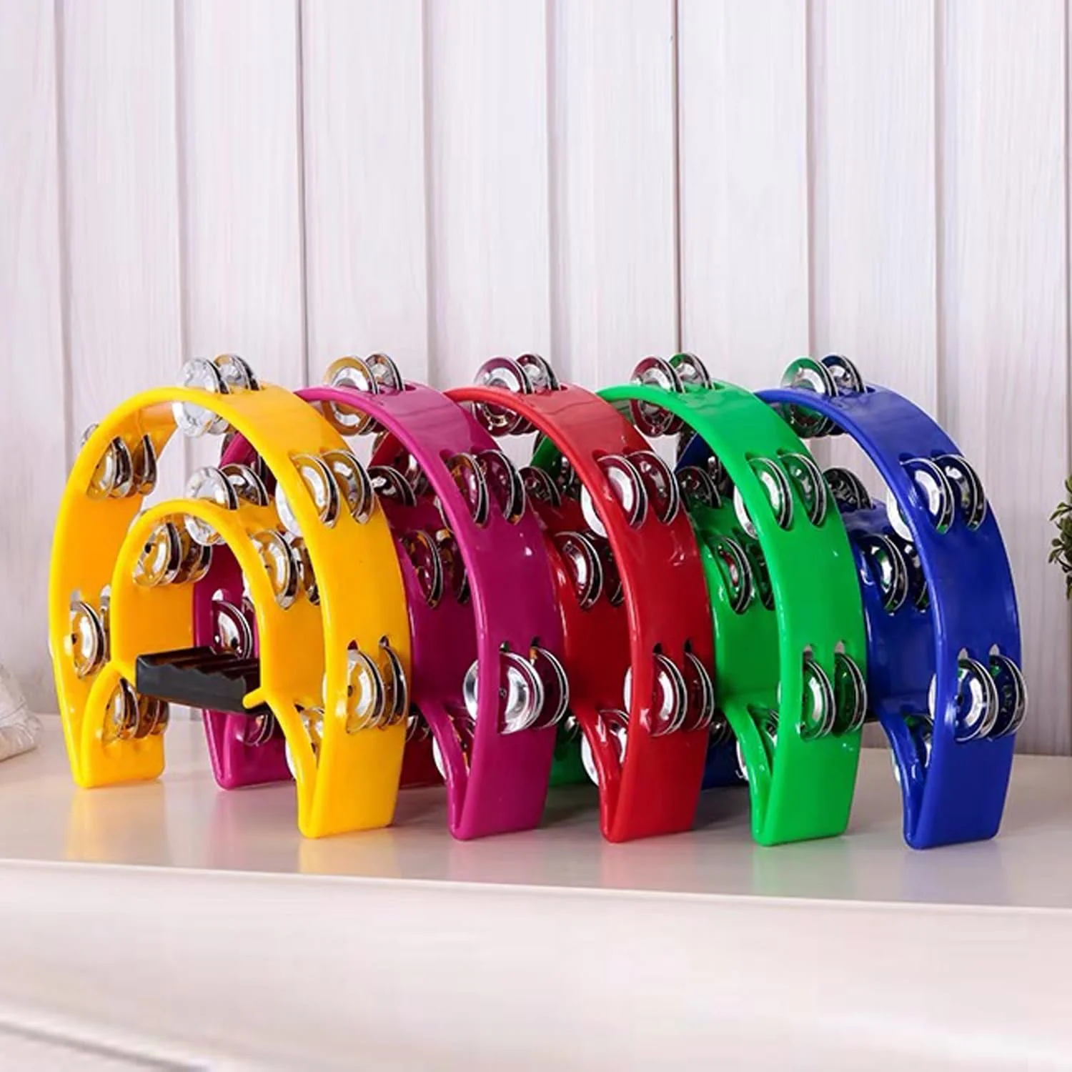Half Moon Musical Tambourine Double Row Metal Jingles Hand Held Percussion Drum Multicolor for KTV Party with Ergonomic Handle Grip (Purple) Purple - Image 5