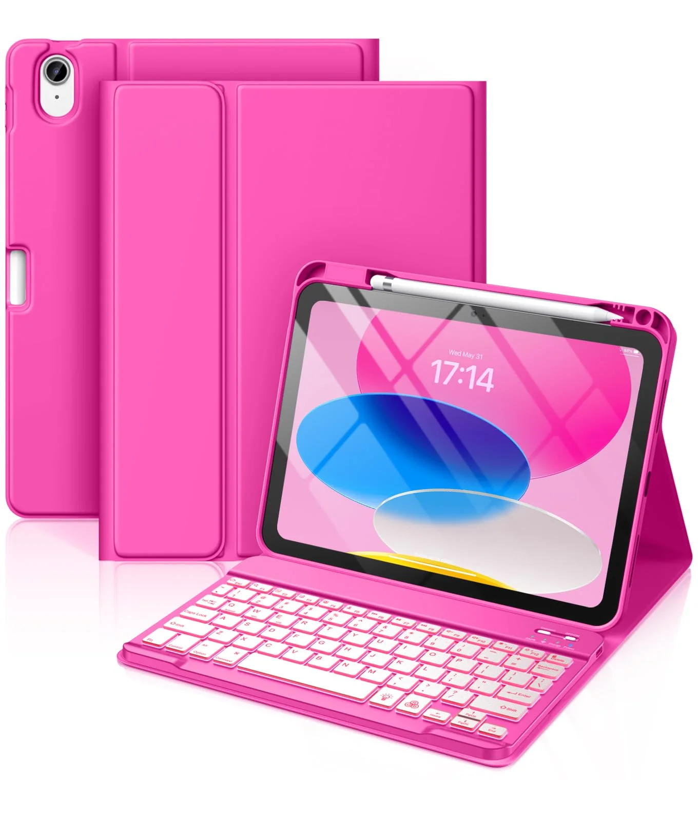 Hamile for iPad 10th Generation Case with Keyboard 10.9 Inch - 7 Colors Backlit Wireless Detachable Folio Keyboard Cover with Pencil Holder for New iPad 10th Gen 2022 (Hot Pink) Hot Pink