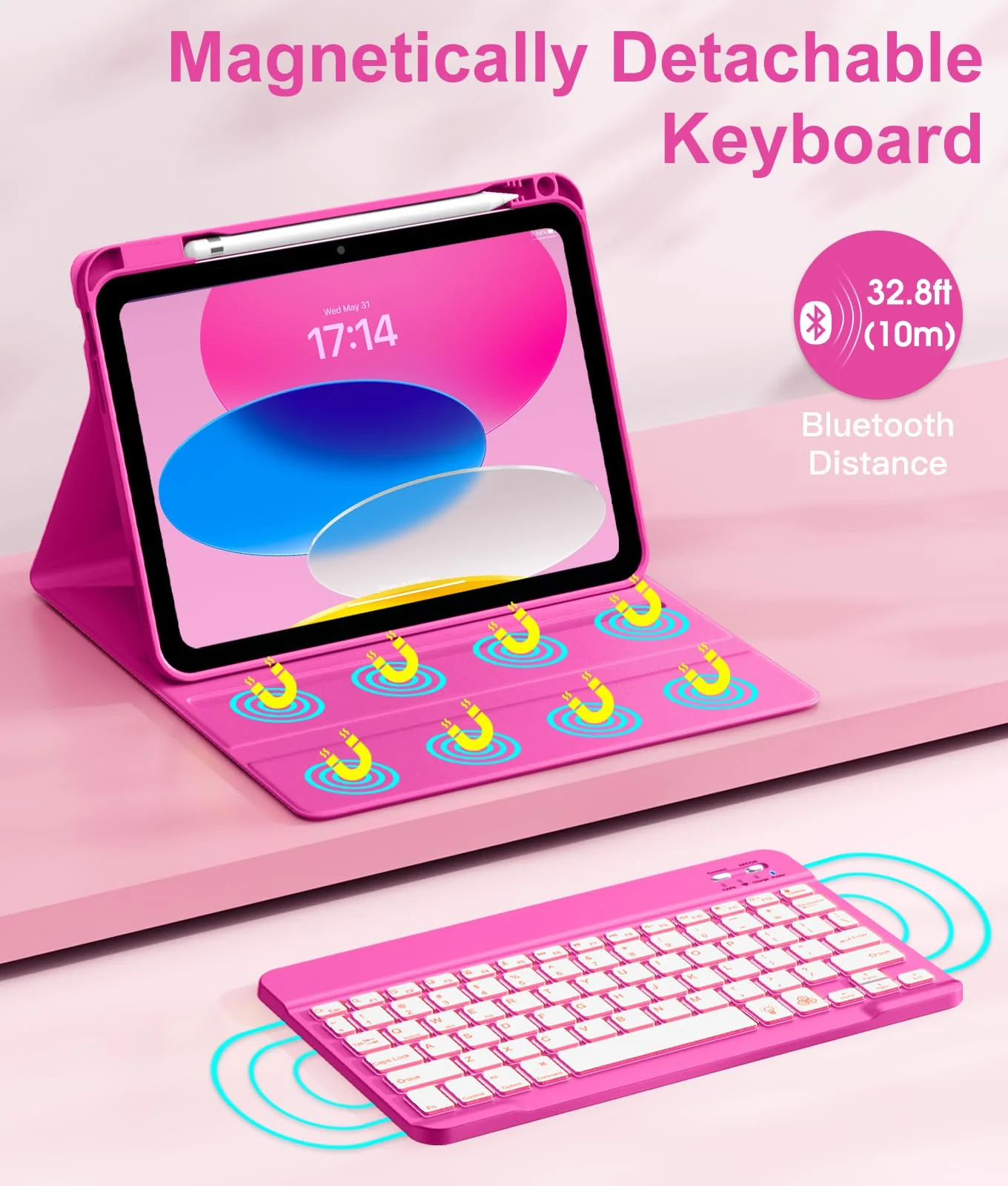 Hamile for iPad 10th Generation Case with Keyboard 10.9 Inch - 7 Colors Backlit Wireless Detachable Folio Keyboard Cover with Pencil Holder for New iPad 10th Gen 2022 (Hot Pink) Hot Pink - Image 4