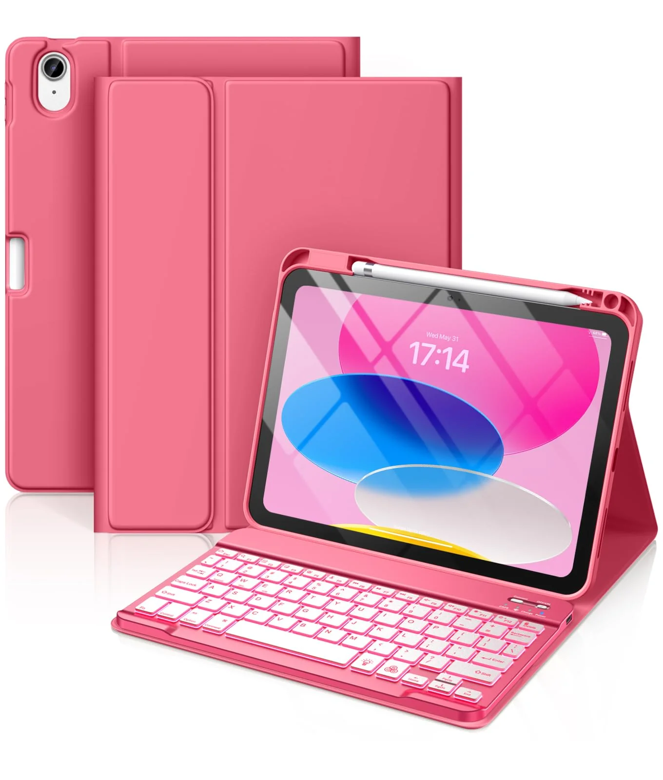 Hamile for iPad 10th Generation Case with Keyboard 10.9 Inch - 7 Colors Backlit Wireless Detachable Folio Keyboard Cover with Pencil Holder for New iPad 10th Gen 2022 (Pink) Pink