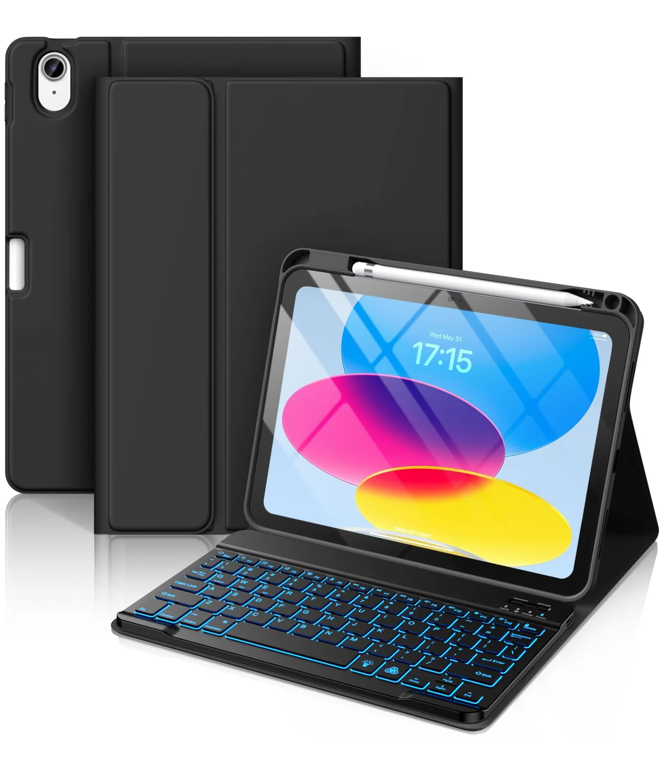 Hamile for iPad 10th Generation Case with Keyboard - Keyboard Case for iPad 10.9 Inch, 7 Colors Backlit Wireless Detachable Folio Keyboard Cover with Pencil Holder for Latest iPad 10th Gen (Black) Black