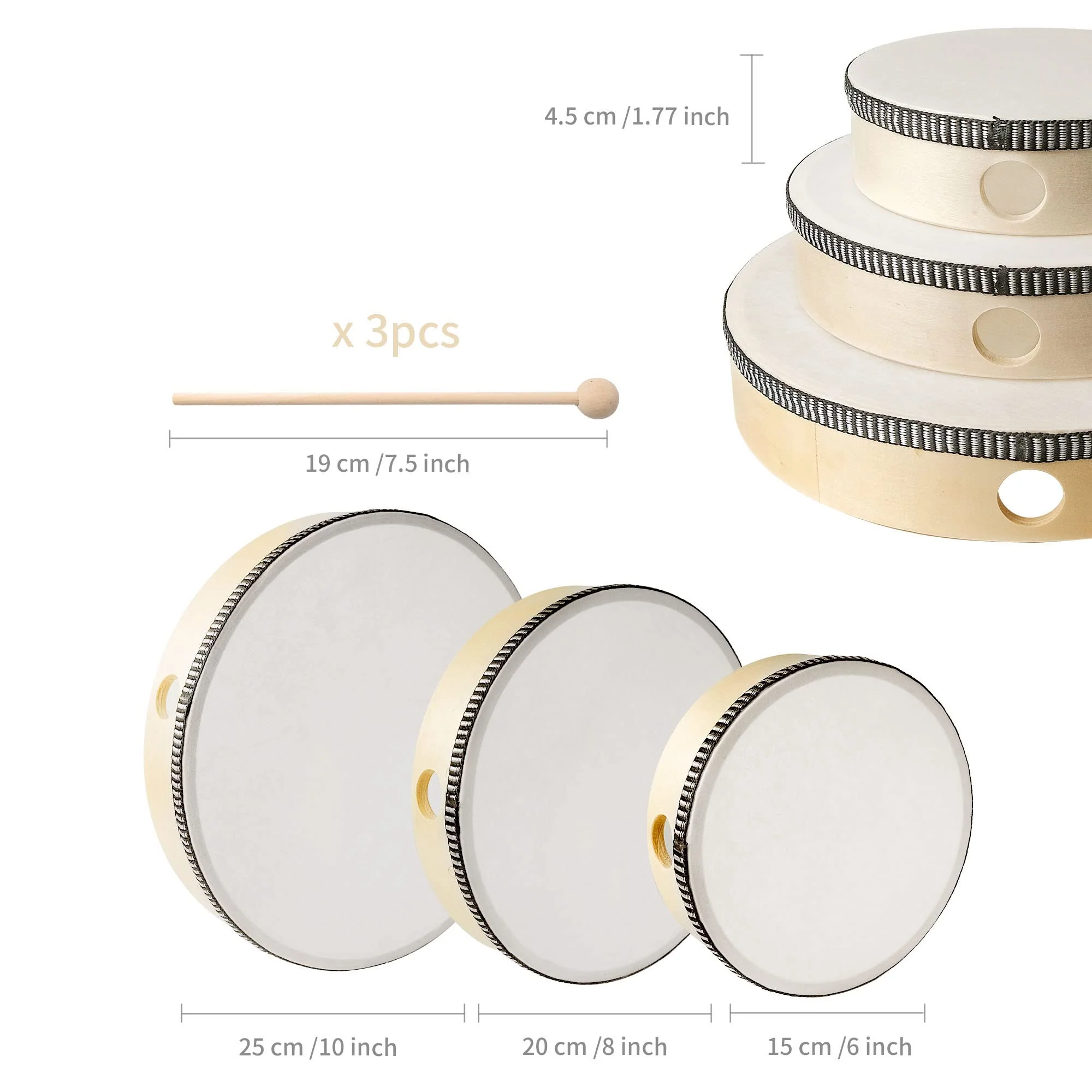 Hand Drums with Drum Stick, 10 8 6 Inch Hand Drums for Adults Percussion Wood Frame Drum Musical Instrument for Party Class Home Supplies - Image 2