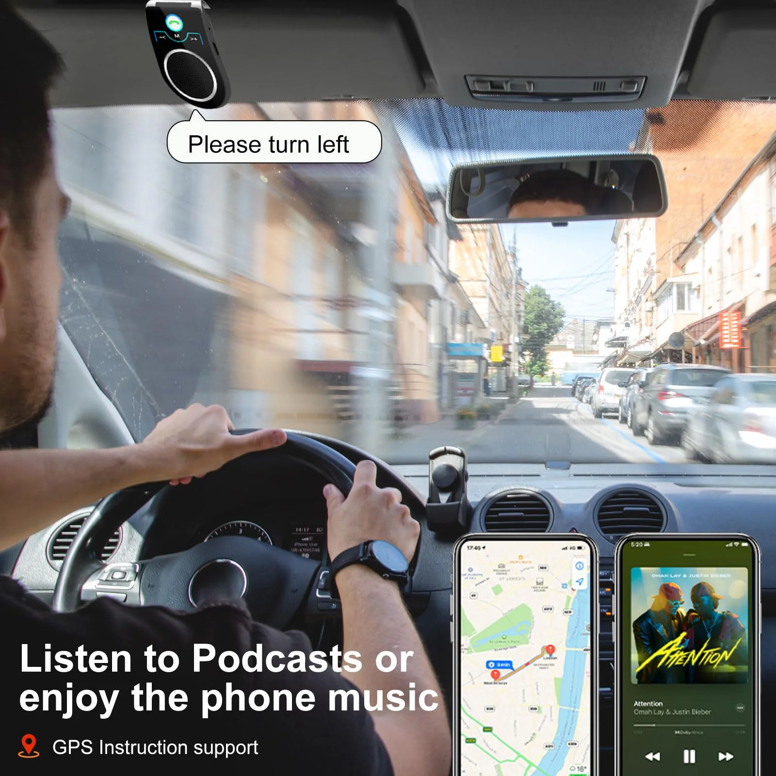 Hands Free Cell Phone Car Kit, Bluetooth Car Speaker for Cell Phone, Bluetooth 5.0 in Car Speakerphone with Visor Clip, Siri Google Voice Command Support,Built in Mic, Support 2 Phones Connected - Image 3