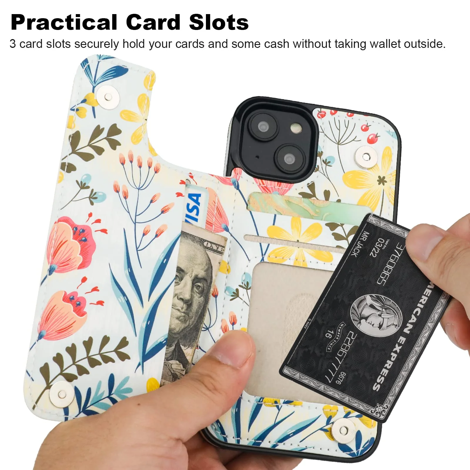 HAOPINSH for iPhone 13 Case Wallet with Card Holder, Floral Flower Pattern Back Flip Folio PU Leather Kickstand Card Slots Case for Women Girls, Double Magnetic Clasp Shockproof Cover 6.1" - Image 3