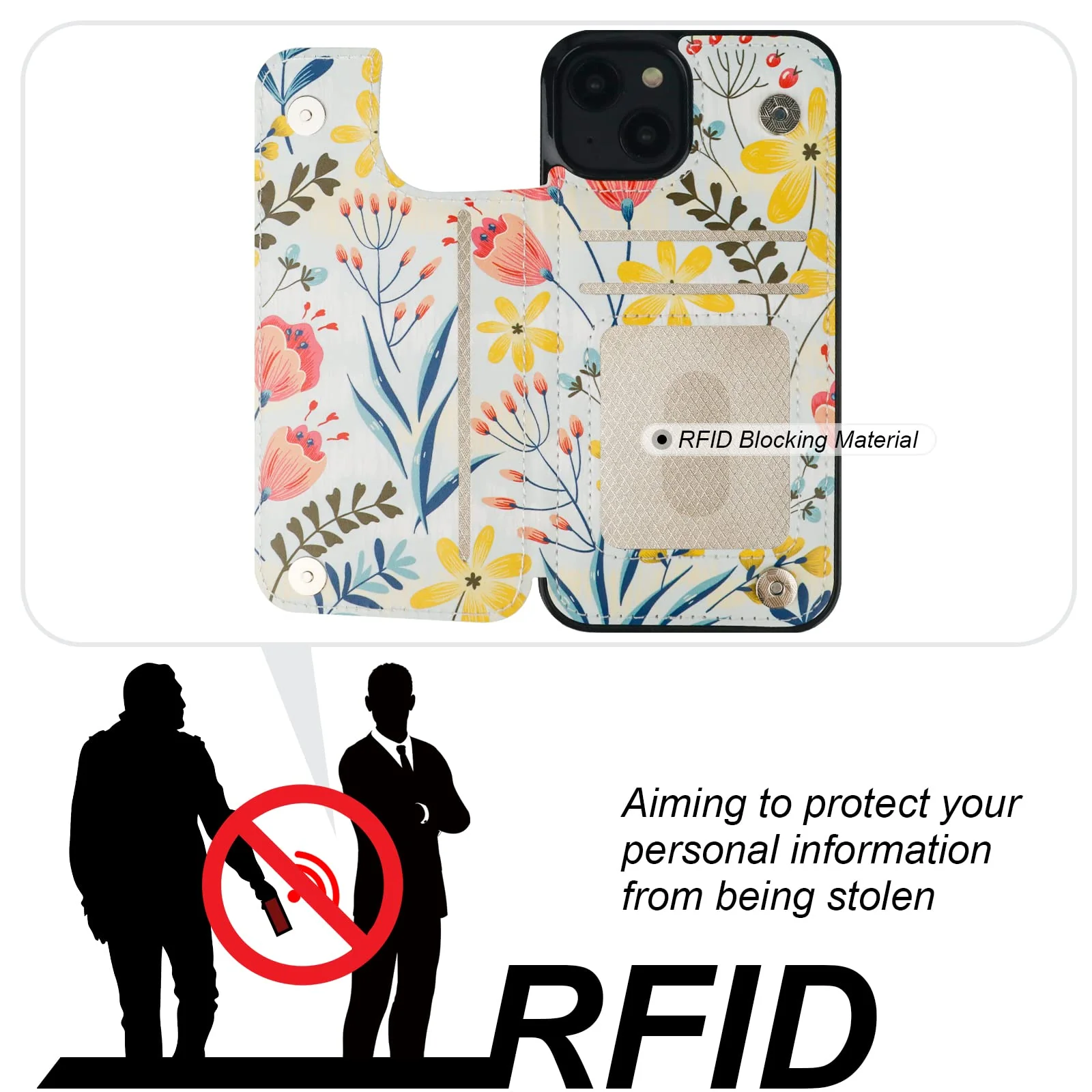 HAOPINSH for iPhone 13 Case Wallet with Card Holder, Floral Flower Pattern Back Flip Folio PU Leather Kickstand Card Slots Case for Women Girls, Double Magnetic Clasp Shockproof Cover 6.1" - Image 4