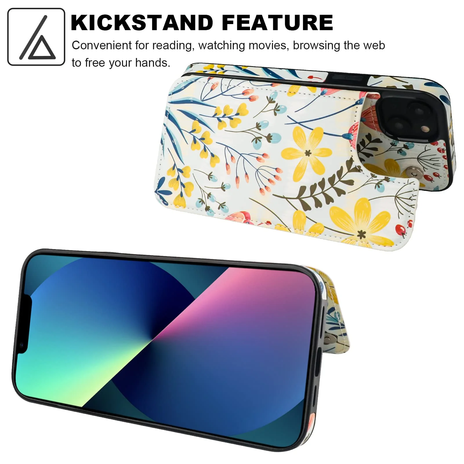 HAOPINSH for iPhone 13 Case Wallet with Card Holder, Floral Flower Pattern Back Flip Folio PU Leather Kickstand Card Slots Case for Women Girls, Double Magnetic Clasp Shockproof Cover 6.1" - Image 5