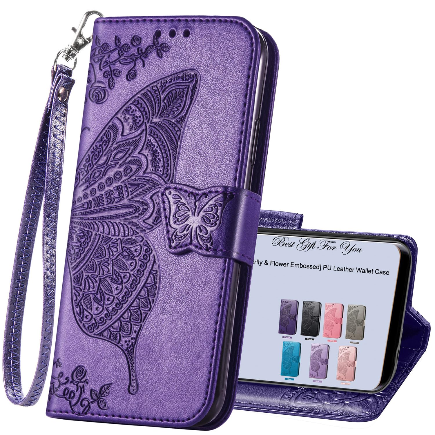 HAOTP for Samsung Galaxy A15 5G Phone Case Wallet,Women Flip Folio Cover Credit Card Holders Emboss Butterfly Flower PU Leather Purse Wrist Strap Kickstand Case for Samsung Galaxy A15 5G Purple
