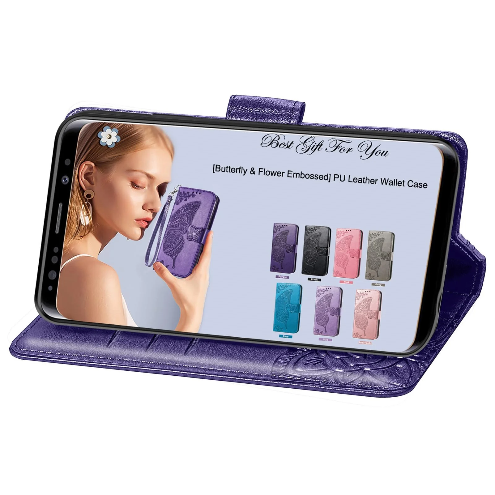 HAOTP for Samsung Galaxy A15 5G Phone Case Wallet,Women Flip Folio Cover Credit Card Holders Emboss Butterfly Flower PU Leather Purse Wrist Strap Kickstand Case for Samsung Galaxy A15 5G Purple - Image 2
