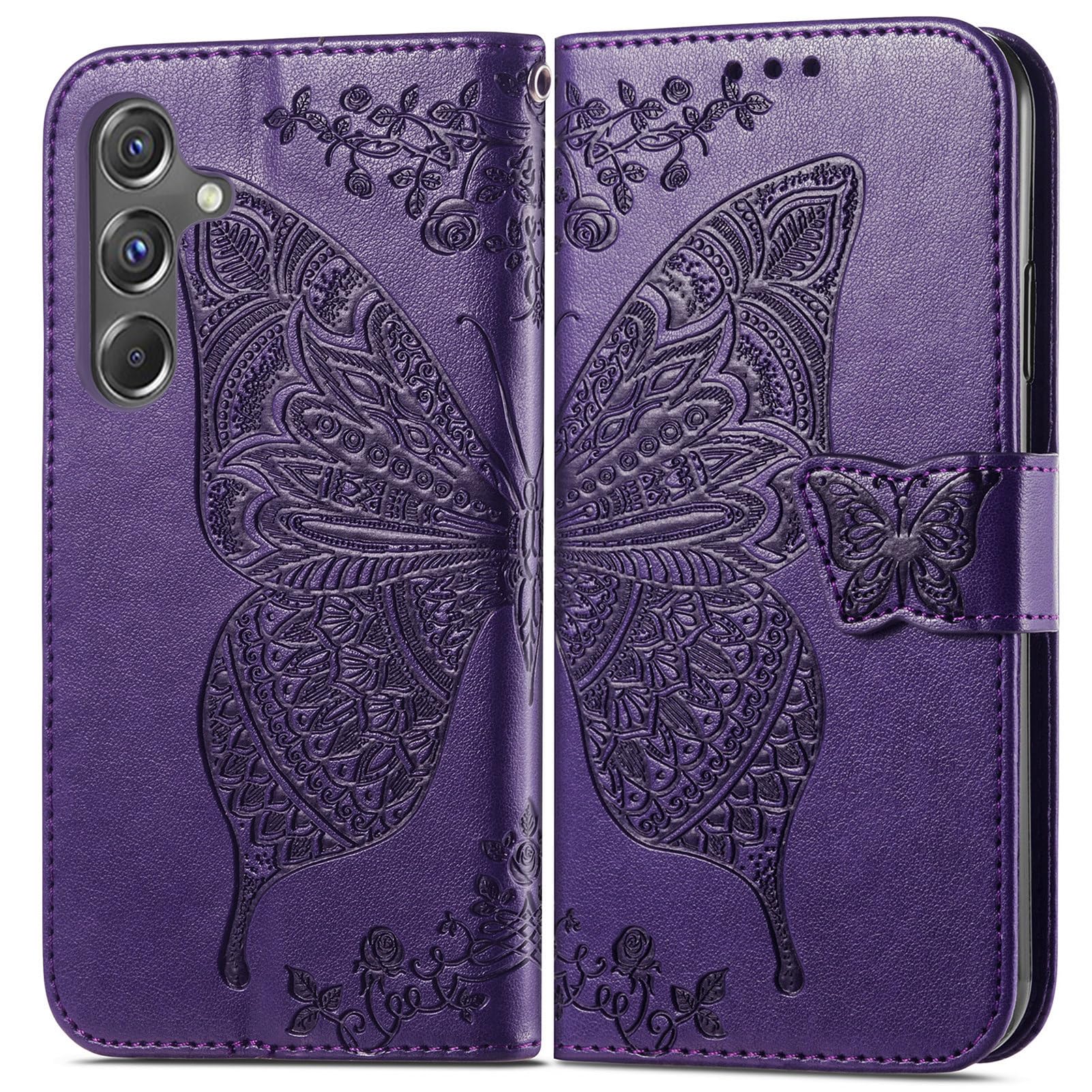 HAOTP for Samsung Galaxy A15 5G Phone Case Wallet,Women Flip Folio Cover Credit Card Holders Emboss Butterfly Flower PU Leather Purse Wrist Strap Kickstand Case for Samsung Galaxy A15 5G Purple - Image 6