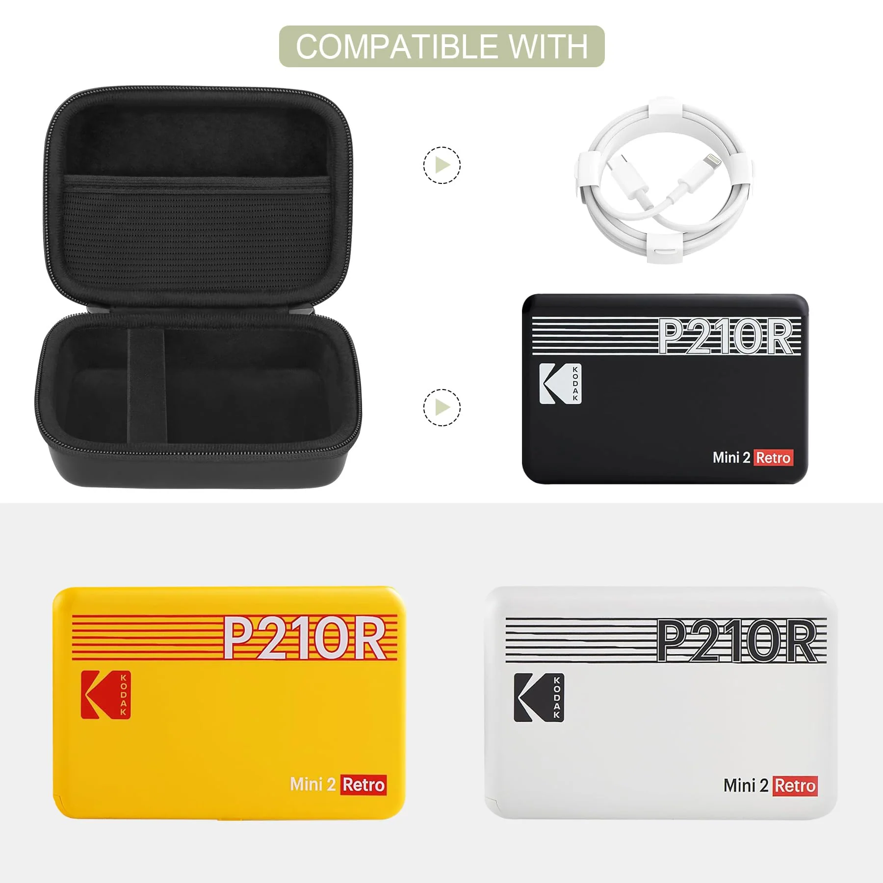 Hard Carrying Case for KODAK Mini 2 Retro 4PASS Portable Photo Printer, Instant Printer Travel Storage Holder with Mesh Pocket for USB Cable and Other Accessories, Black - Image 2