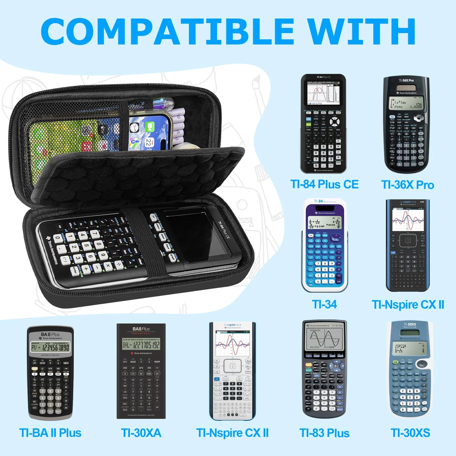 Hard Case Compatible with Texas Instruments TI-84 Plus CE/TI-84 Plus/TI-Nspire CX II CAS/TI-Nspire CX II/TI-83 Plus/Casio fx-9750GII Graphing Calculator, Storage Box with Bubble Protection-Black - Image 2