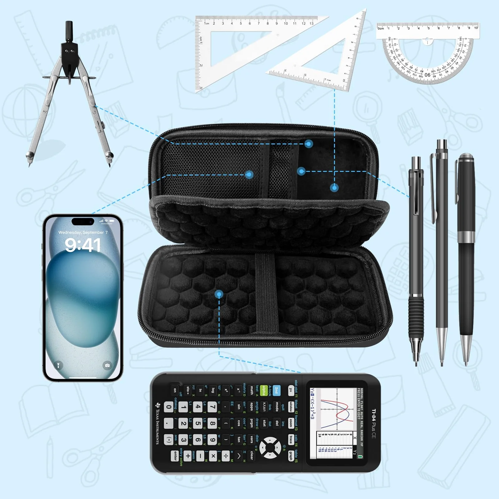 Hard Case Compatible with Texas Instruments TI-84 Plus CE/TI-84 Plus/TI-Nspire CX II CAS/TI-Nspire CX II/TI-83 Plus/Casio fx-9750GII Graphing Calculator, Storage Box with Bubble Protection-Black - Image 6