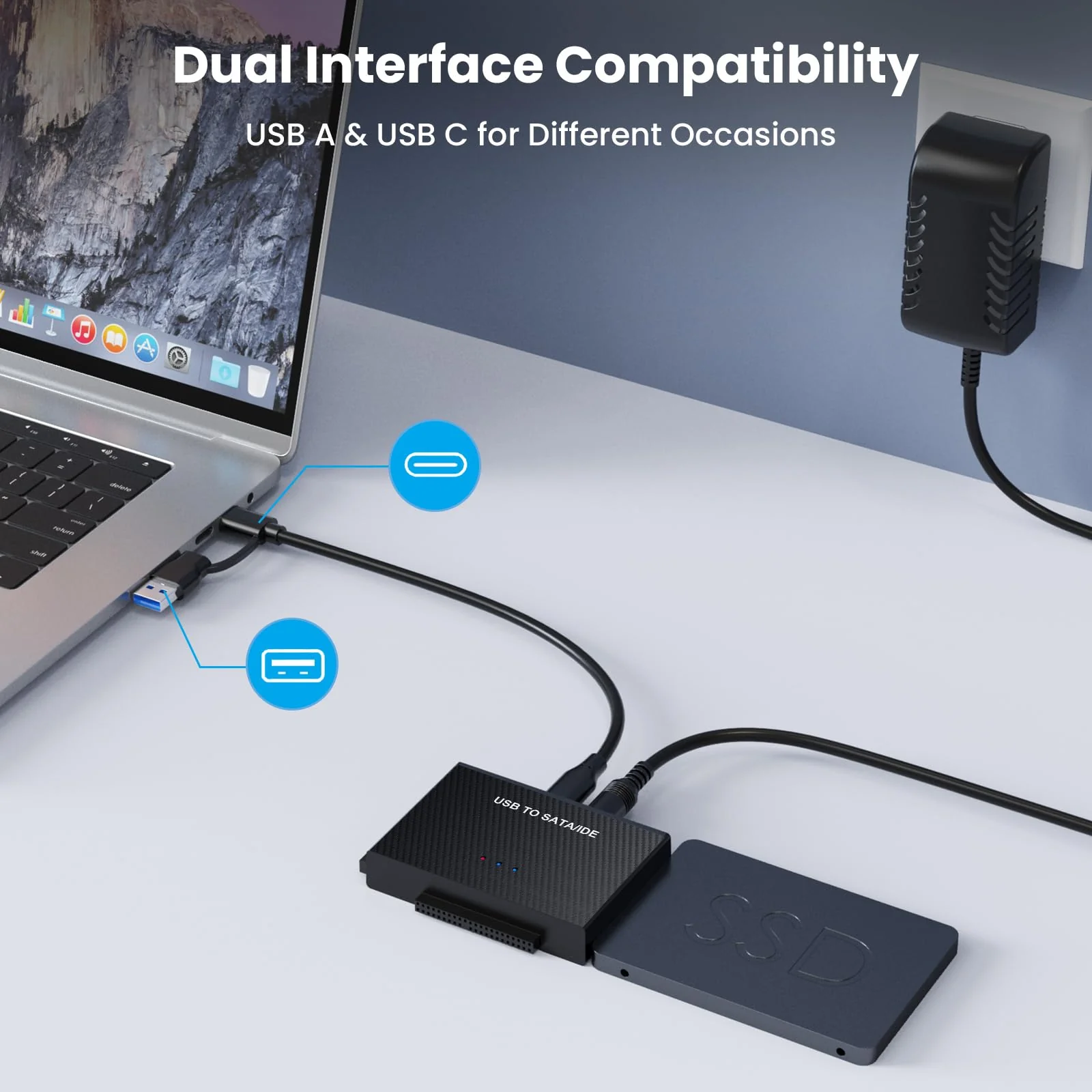 Hard Drive Reader USB 3.0 to SATA IDE Adapter,IDE SATA to USB + Type C External Hard Drive Adapter Data Recovery Converter Kit for Universal 2.5 3.5 HDD SSD Hard Drive Disk, with 12V/2A Power Adapter - Image 2