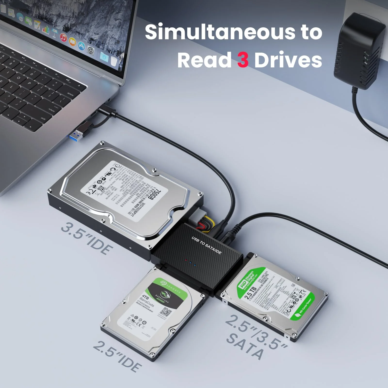 Hard Drive Reader USB 3.0 to SATA IDE Adapter,IDE SATA to USB + Type C External Hard Drive Adapter Data Recovery Converter Kit for Universal 2.5 3.5 HDD SSD Hard Drive Disk, with 12V/2A Power Adapter - Image 3