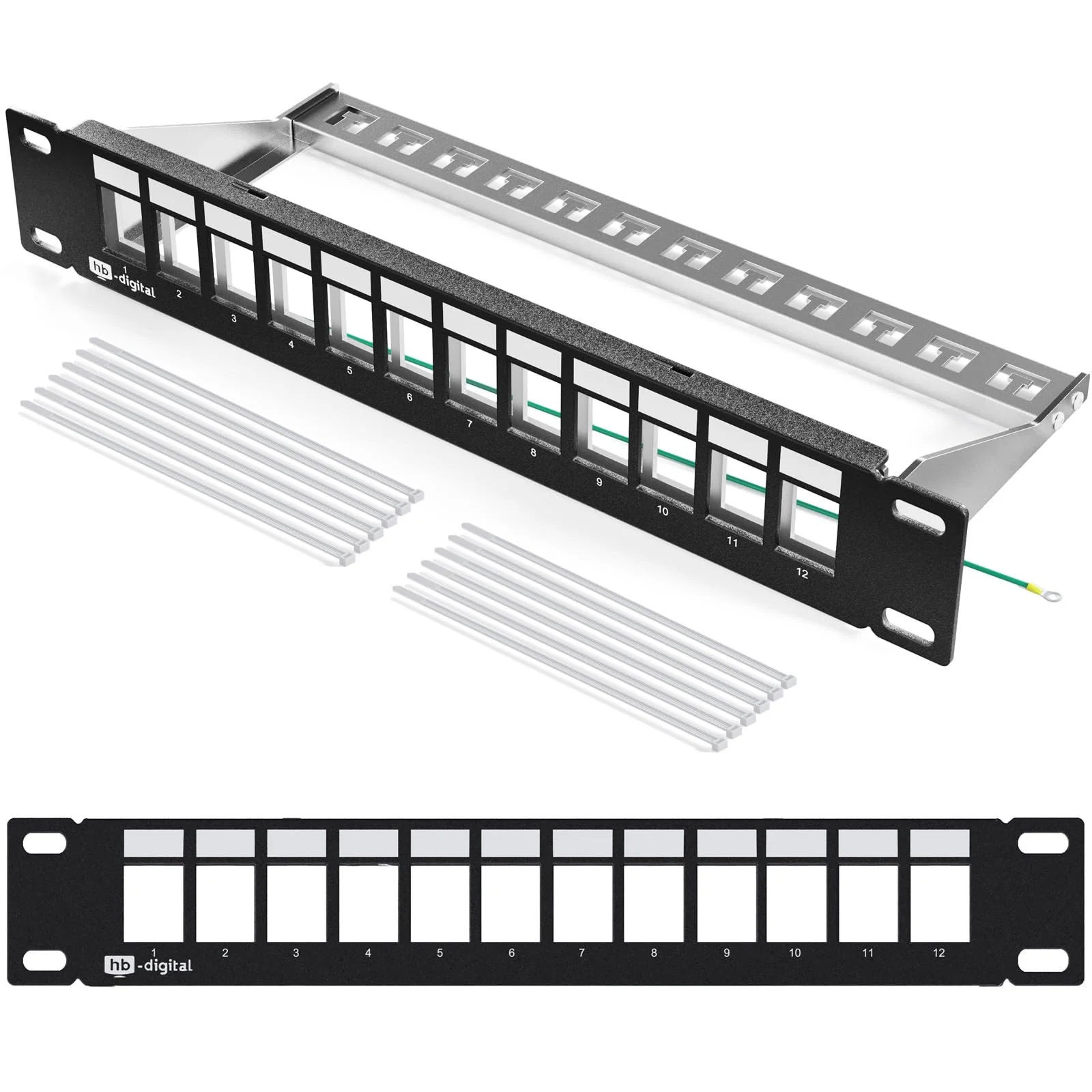hb-digital 12 Port Patch Panel Distribution Panel Patch Panel Modular for RJ45 Keystone Module 10 Inch CAT 5 CAT 6 CAT 7 for Network Cabinet LAN Professional TIA568A TIA568B Switch Earth Cable - Black