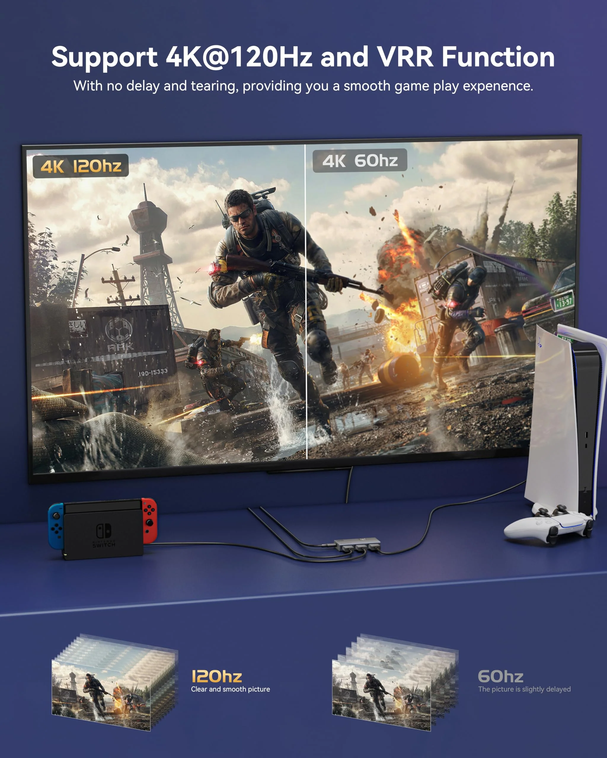 HDMI 2.1 Switch FOLODA 8K HDMI Switcher, Ultra HD 8K@60Hz 2 in 1 Out HDMI Splitter, 4K@120Hz Aluminum HDMI Switcher Selector for PS5/4/3 Xbox, Apple TV, Nintendo Switch, Roku, Fire Stick - Image 4