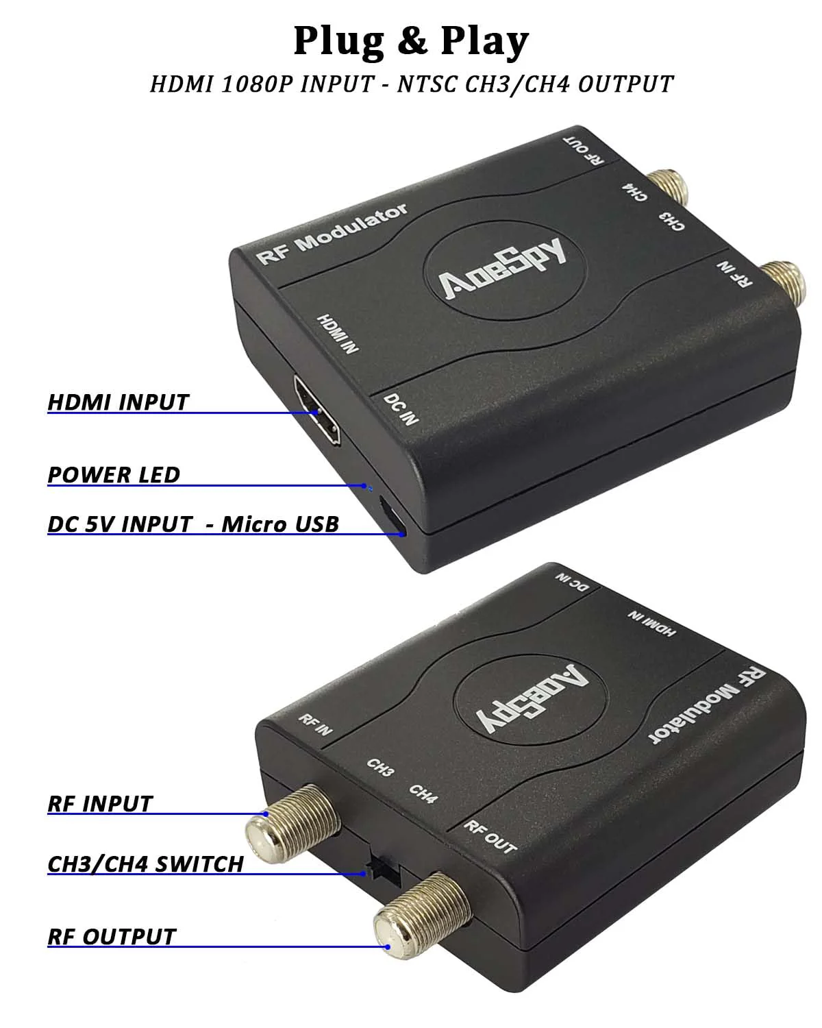 HDMI RF Modulator Coax Adapter VHF Converter w/Antenna ANT in/Out for PS4 Xbox Gaming Laptop Fire TV Stick Roku Blu-ray Player Chromecast DVR HD Digital Video to Analog Female F Type Coaxial NTSC TV - Image 3