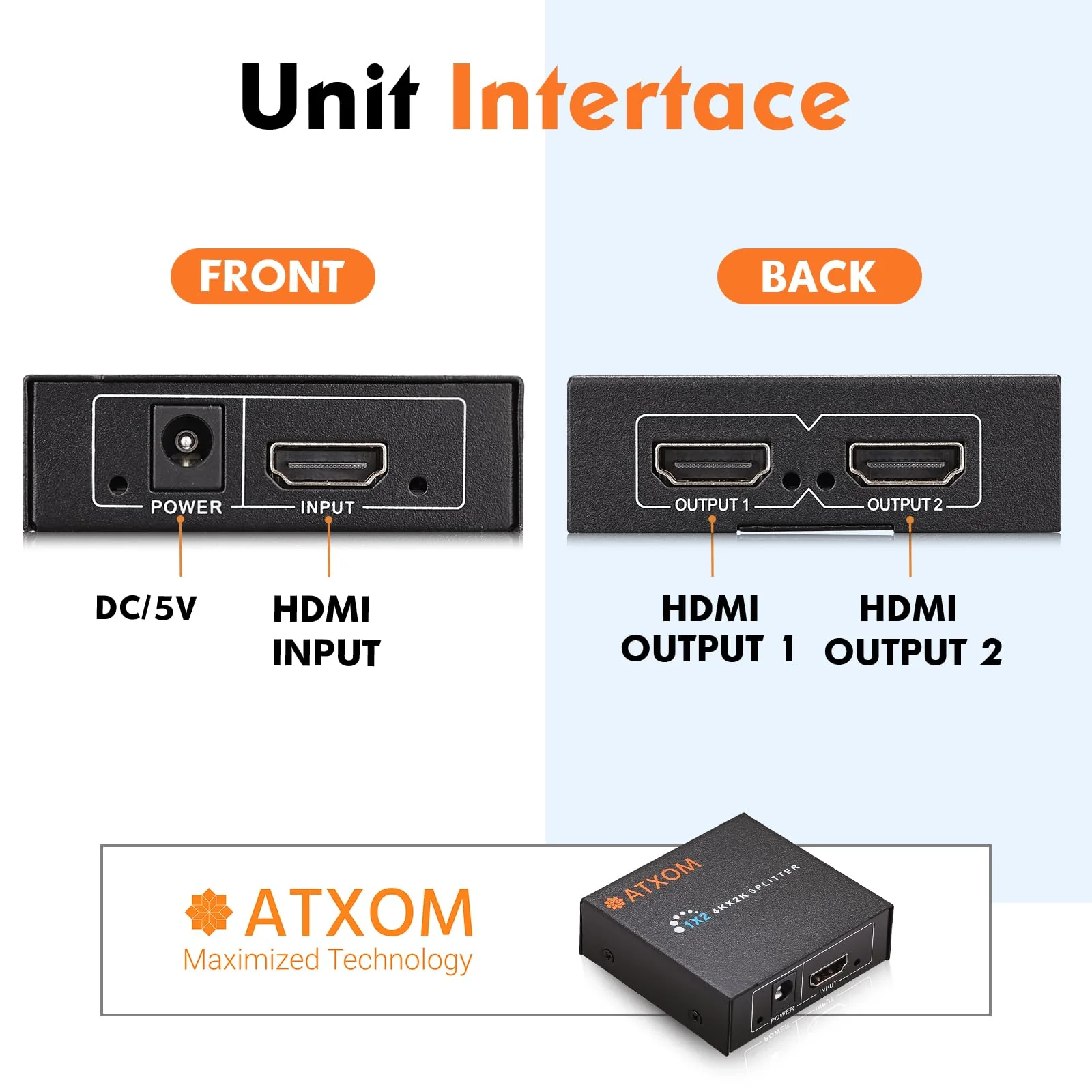 HDMI Splitter 1 in 2 Out - 1x2 HDMI Display Duplicate/Mirror - Powered Splitter 4K @ 60Hz, Also Full HD 1080P, One Source to Two Identical Displays - Image 2