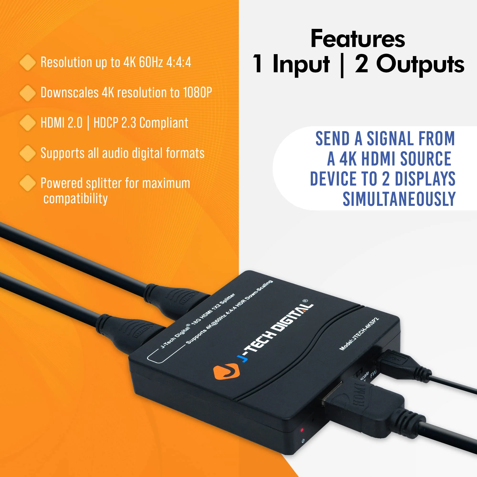 HDMI Splitter 1 in 2 Out 4K 60Hz Multi-Resolution Output (MRO) by J-Tech Digital HDMI 2.0 Splitter Supports Downscale HDR HDR10 / Dolby Vision 4K@60Hz 4:4:4 HDCP2.3 2.2 (JTECH-4KSP2) 4K 1x2 4:4:4 - Image 2