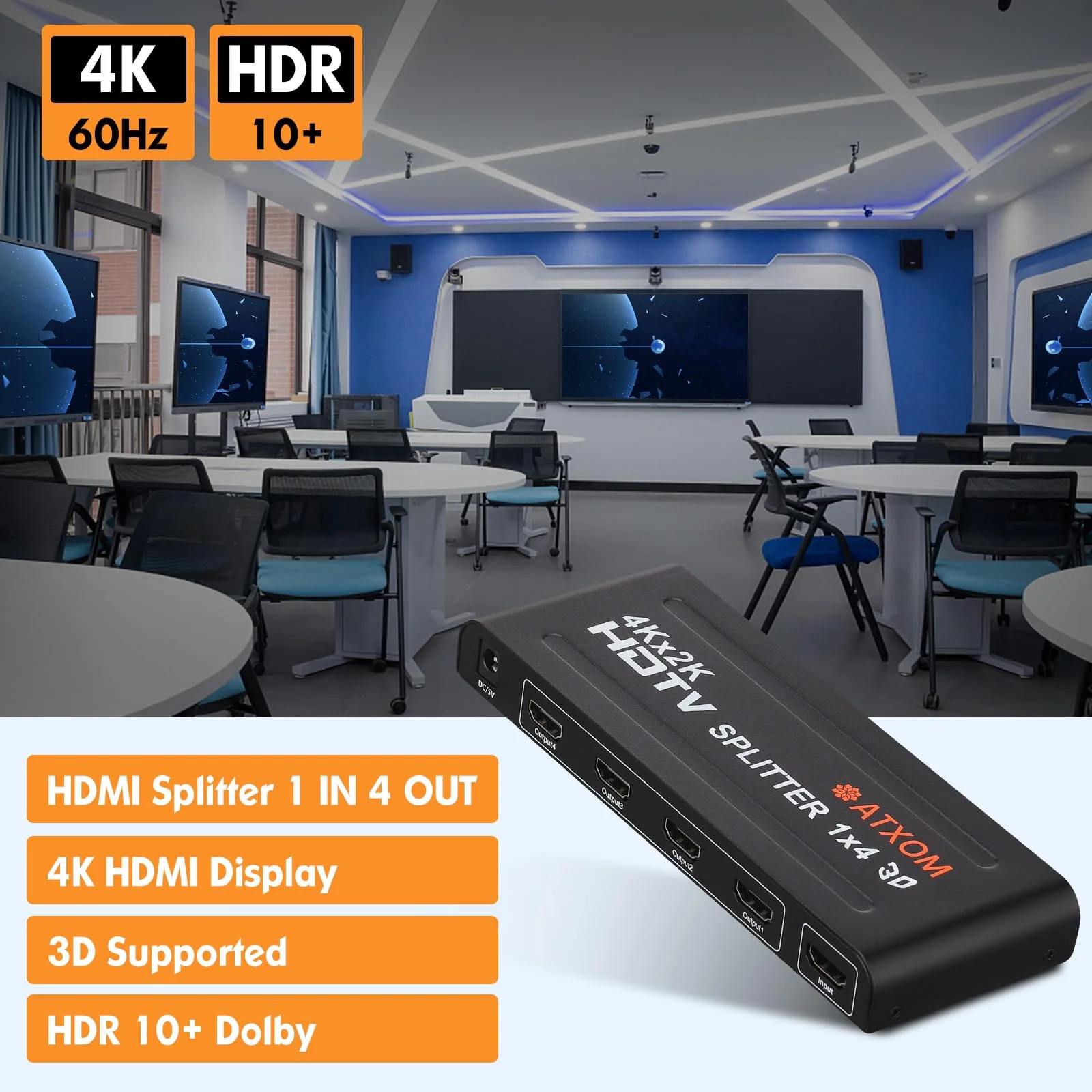 HDMI Splitter 1 in 4 Out - 1x4 HDMI Display Duplicate/Mirror - Powered Splitter Full HD 1080P, 4K - One Source to Four Identical Displays - Image 4