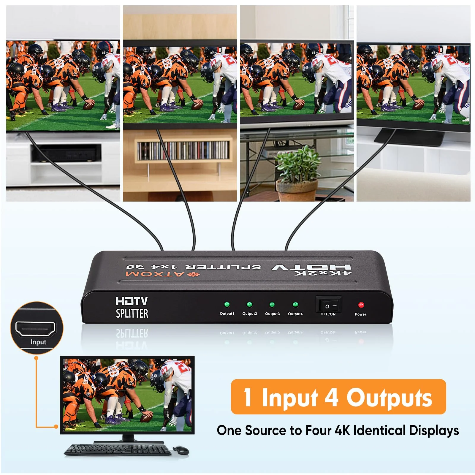 HDMI Splitter 1 in 4 Out - 1x4 HDMI Display Duplicate/Mirror - Powered Splitter Full HD 1080P, 4K - One Source to Four Identical Displays - Image 7