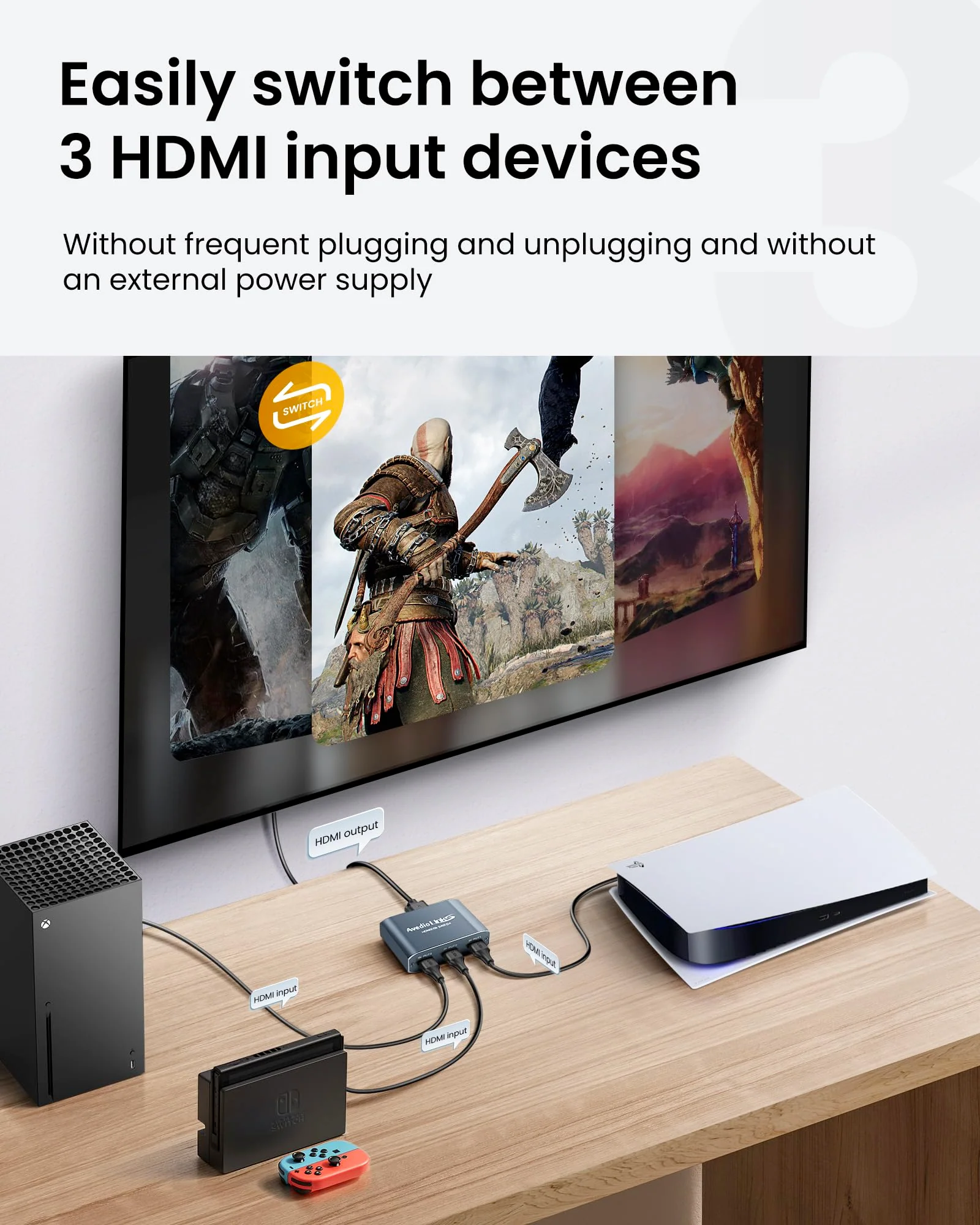 HDMI Switch 3 in 1 Out 4K@60Hz Aluminum Alloy【with 4FT HDMI 2.0 Cable】, avedio links 3x1 HDMI Multi Port Switch, 3 Way HDMI Selector Switcher Support HDCP 2.2, HDR 10, for Fire TV Stick, PS5, PS4 Aluminum Alloy 4K@60Hz 3x1 Grey - Image 4