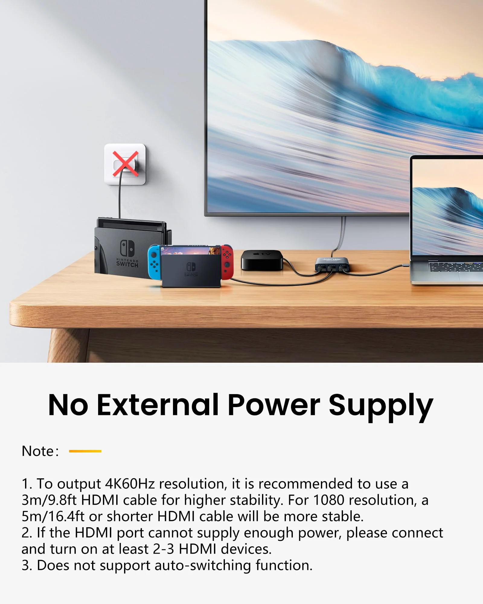 HDMI Switch 3 in 1 Out 4K@60Hz Aluminum Alloy【with 4FT HDMI 2.0 Cable】, avedio links 3x1 HDMI Multi Port Switch, 3 Way HDMI Selector Switcher Support HDCP 2.2, HDR 10, for Fire TV Stick, PS5, PS4 Aluminum Alloy 4K@60Hz 3x1 Grey - Image 5
