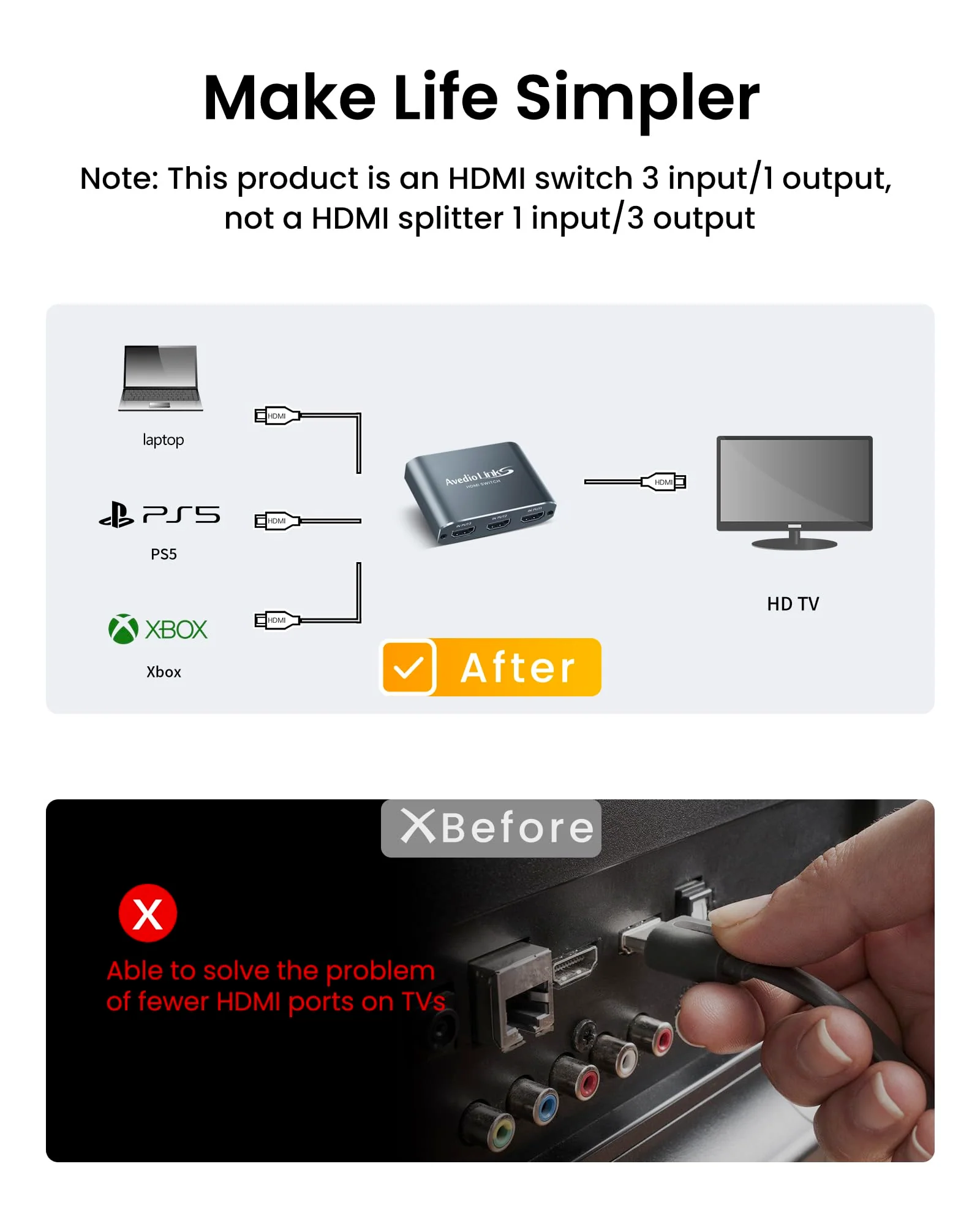 HDMI Switch 3 in 1 Out 4K@60Hz Aluminum Alloy【with 4FT HDMI 2.0 Cable】, avedio links 3x1 HDMI Multi Port Switch, 3 Way HDMI Selector Switcher Support HDCP 2.2, HDR 10, for Fire TV Stick, PS5, PS4 Aluminum Alloy 4K@60Hz 3x1 Grey - Image 6